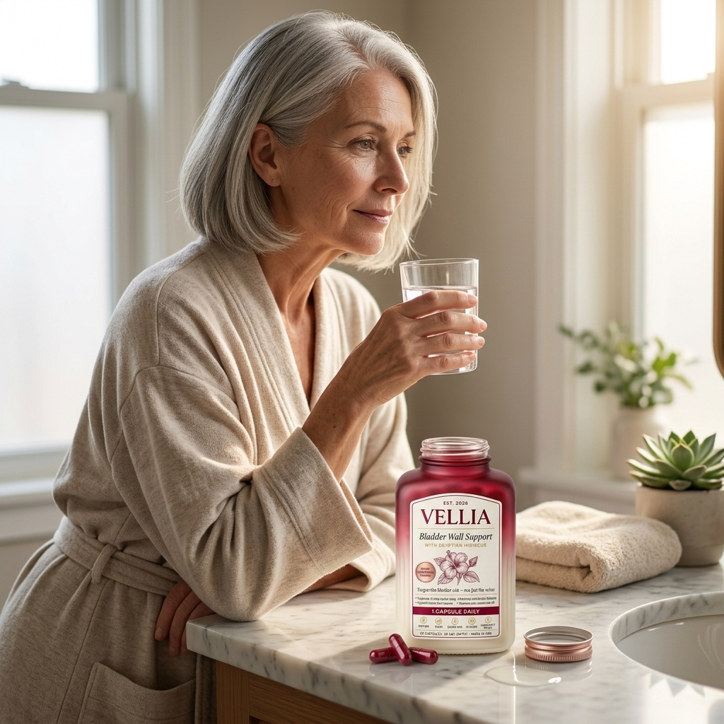 A woman taking Vellia at her bathroom counter in morning light
