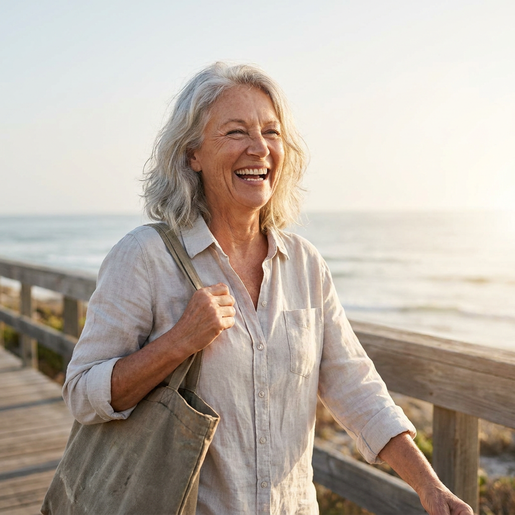 A woman walking freely on a sunlit boardwalk