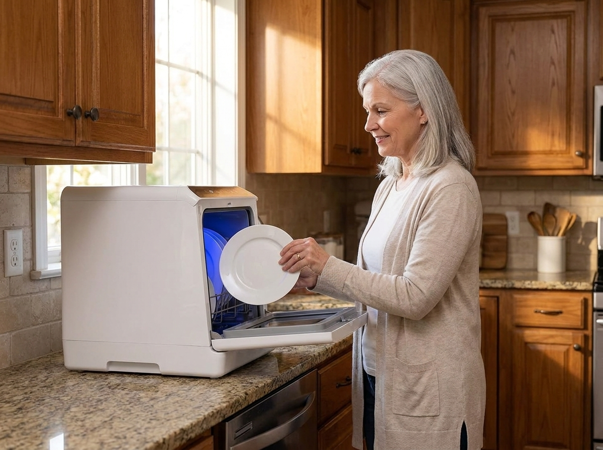 Loading the dishwasher standing upright at counter height