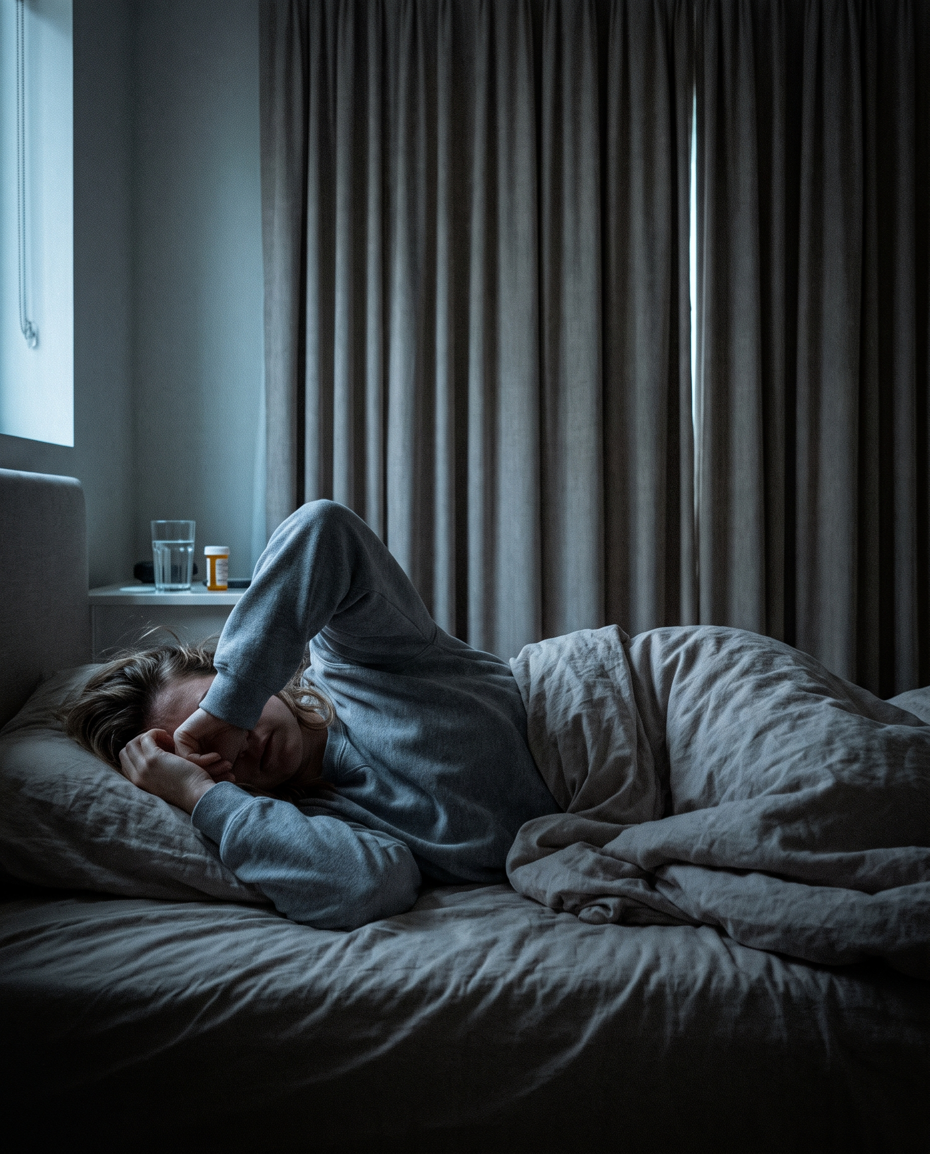 Woman lying in a dark room with a migraine
