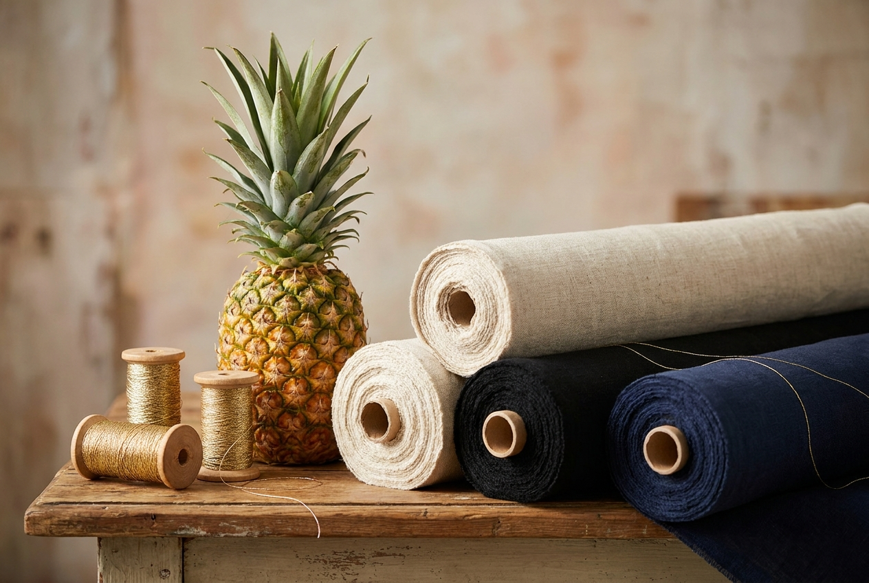 Pineapple next to premium fabric rolls and golden yarn