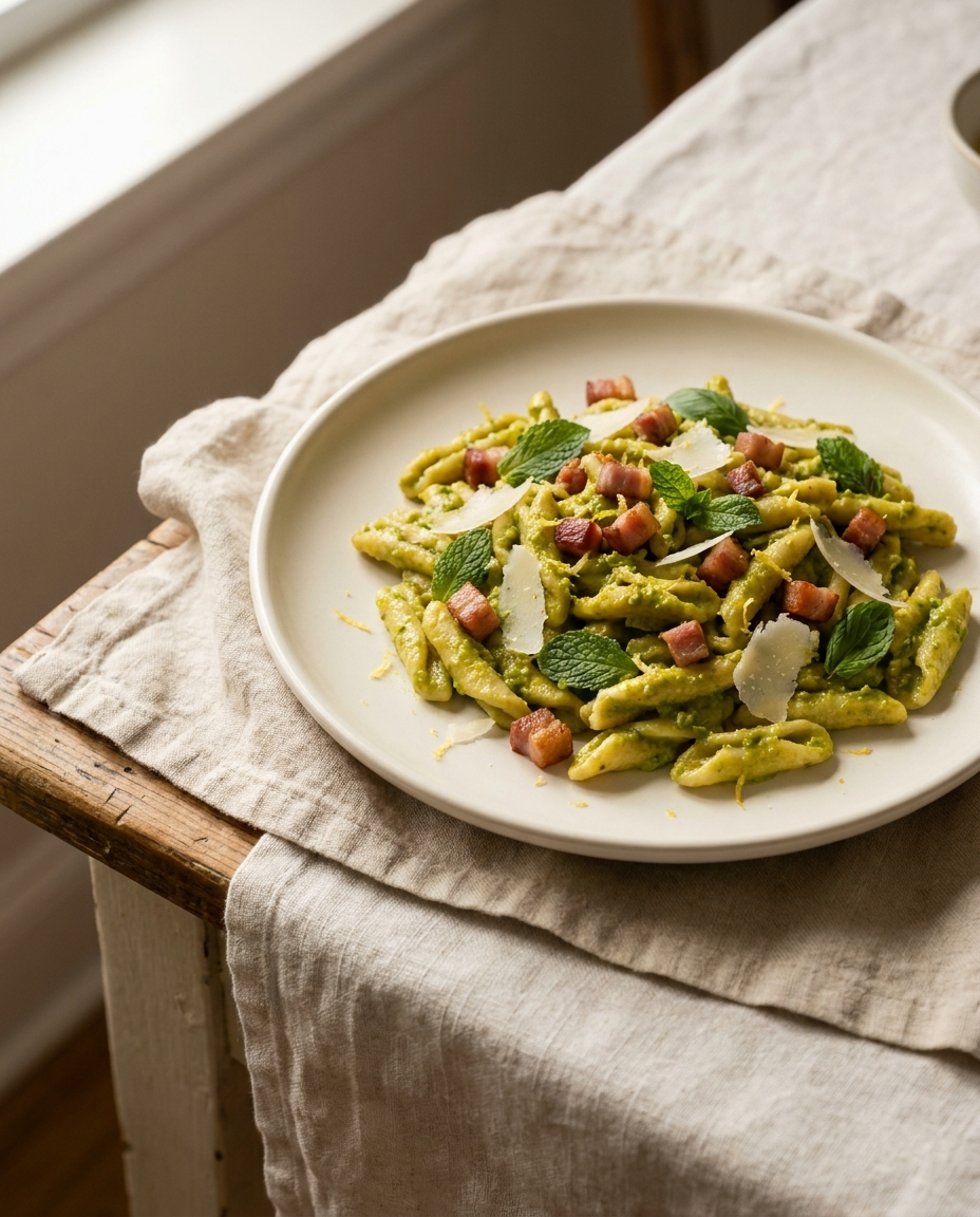 Cavatelli with pea pesto and pecorino