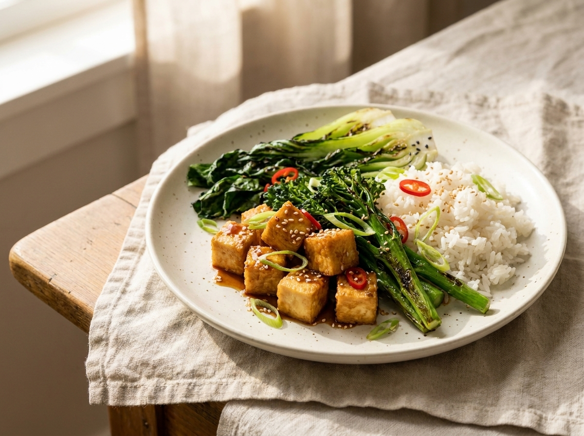 Crispy tofu with sesame greens