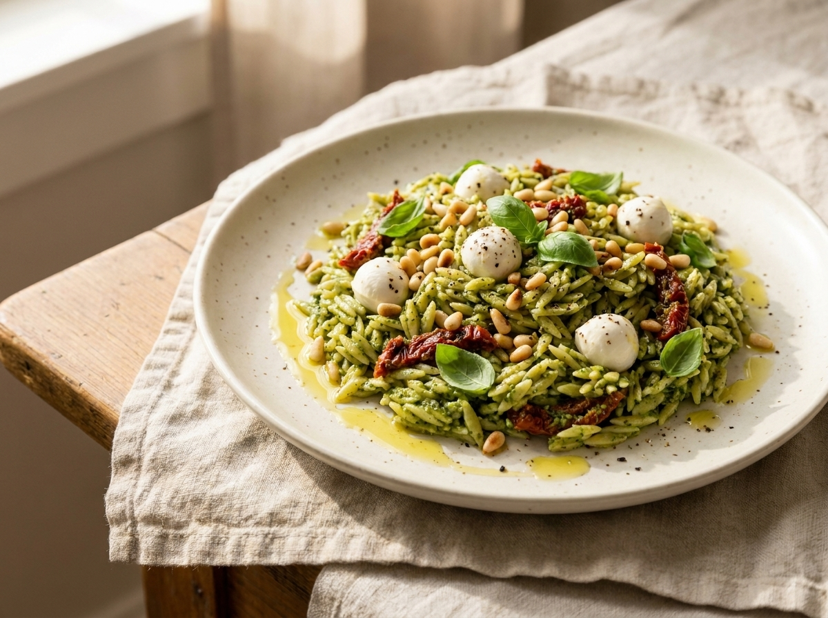 Pesto orzo, sun-dried tomato