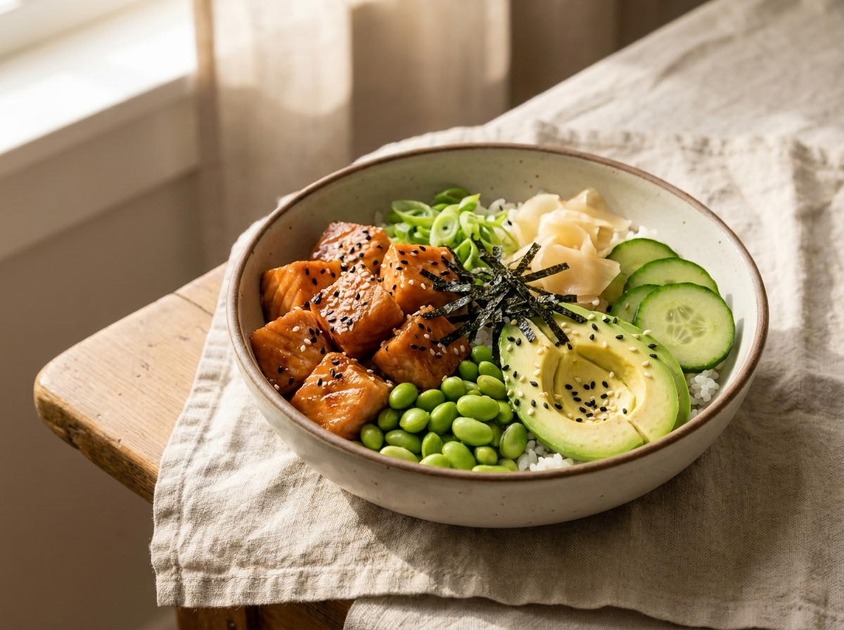 Teriyaki salmon poke bowl