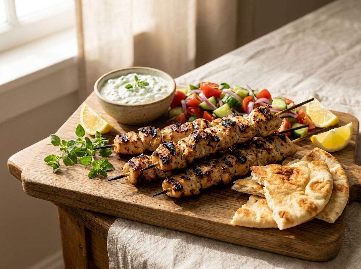 Chicken souvlaki, tzatziki