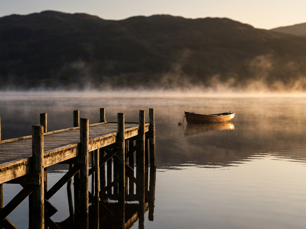 Salmon farm pens in a Scottish Highlands sea loch with misty mountains