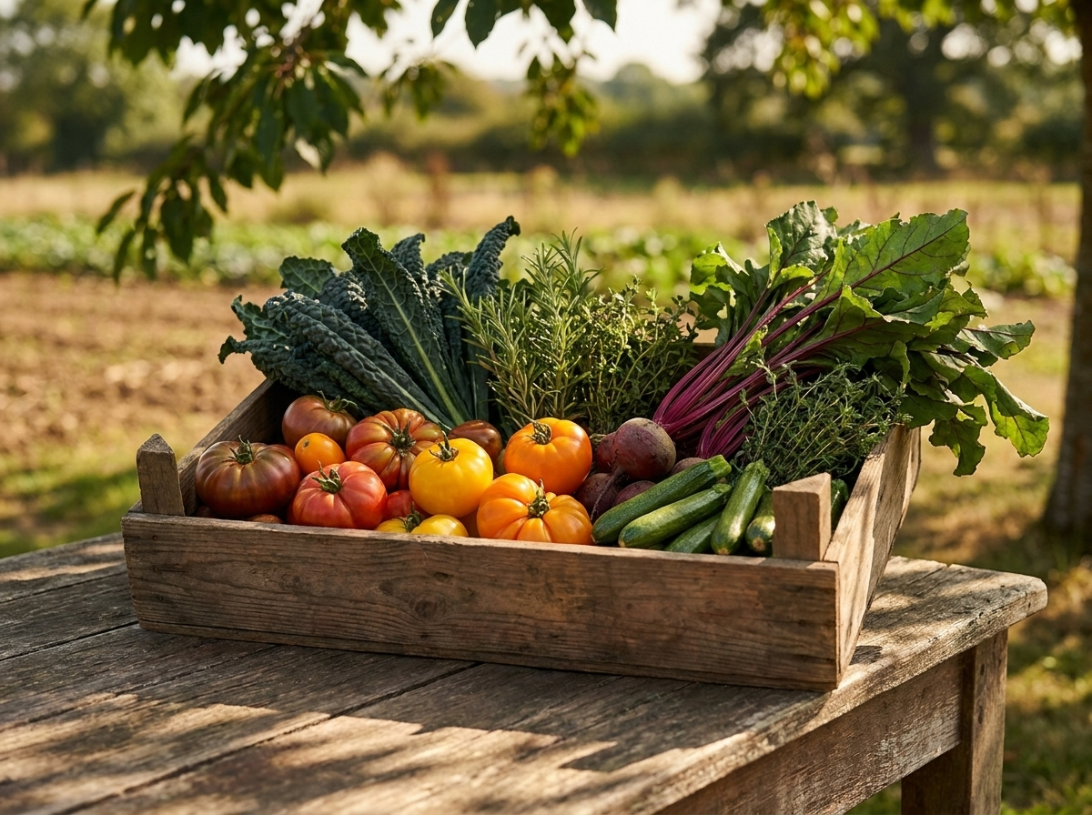 Organic vegetable fields in the Devon countryside with stone barns