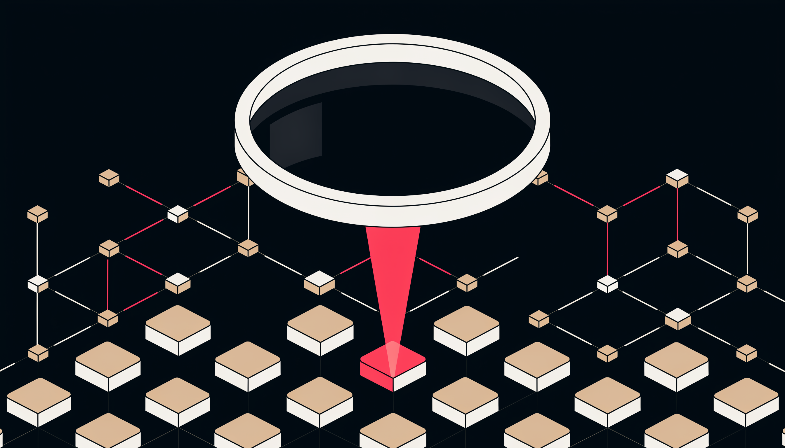 Perplexity optimization concept — flat isometric illustration of a magnifying lens scanning a grid of cited document tiles in dark tones with a pink-red accent beam