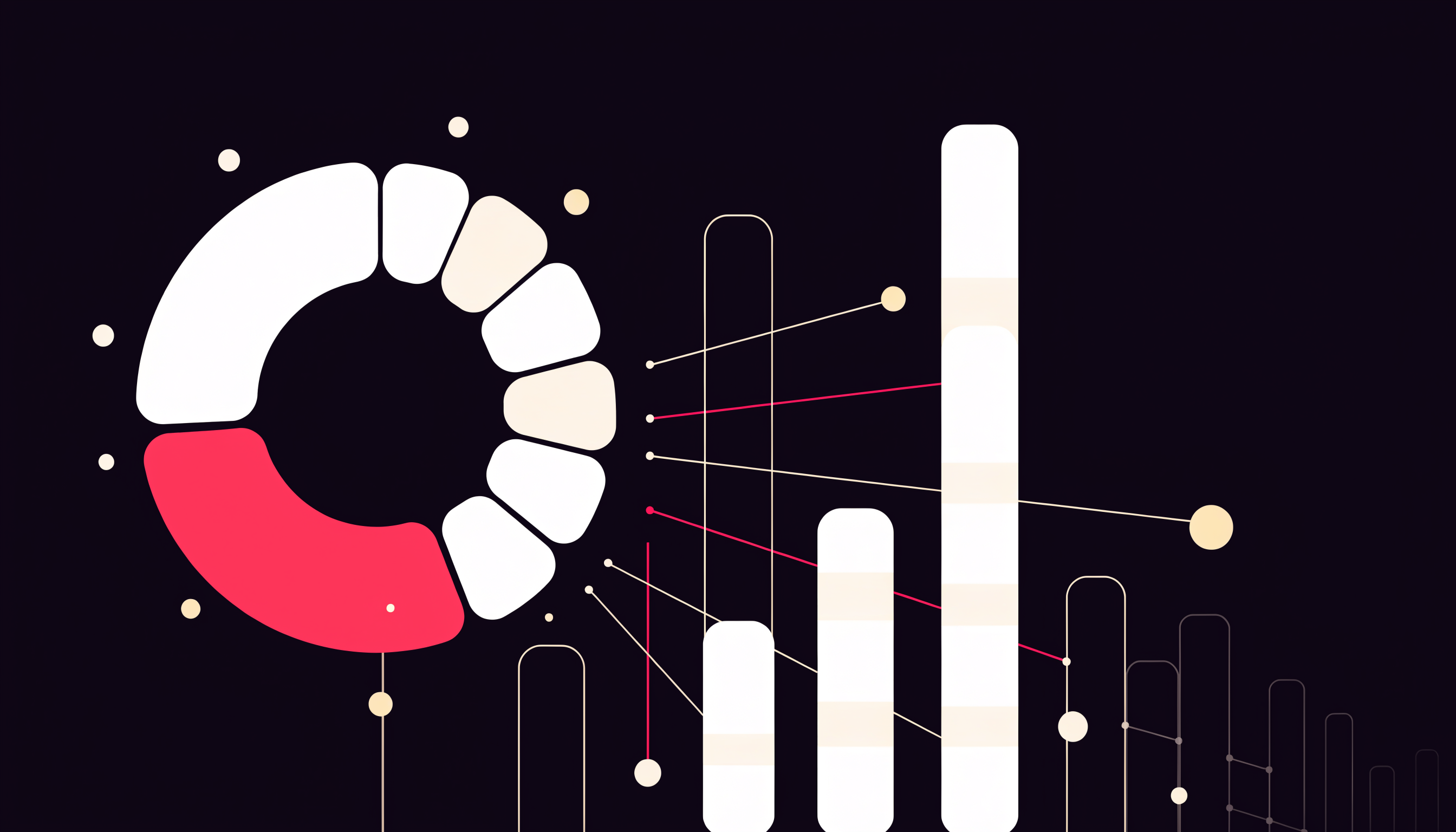 AI share of voice concept — flat 2D abstract illustration of a segmented donut chart with one dominant pink-red wedge beside bar-chart towers on a dark background