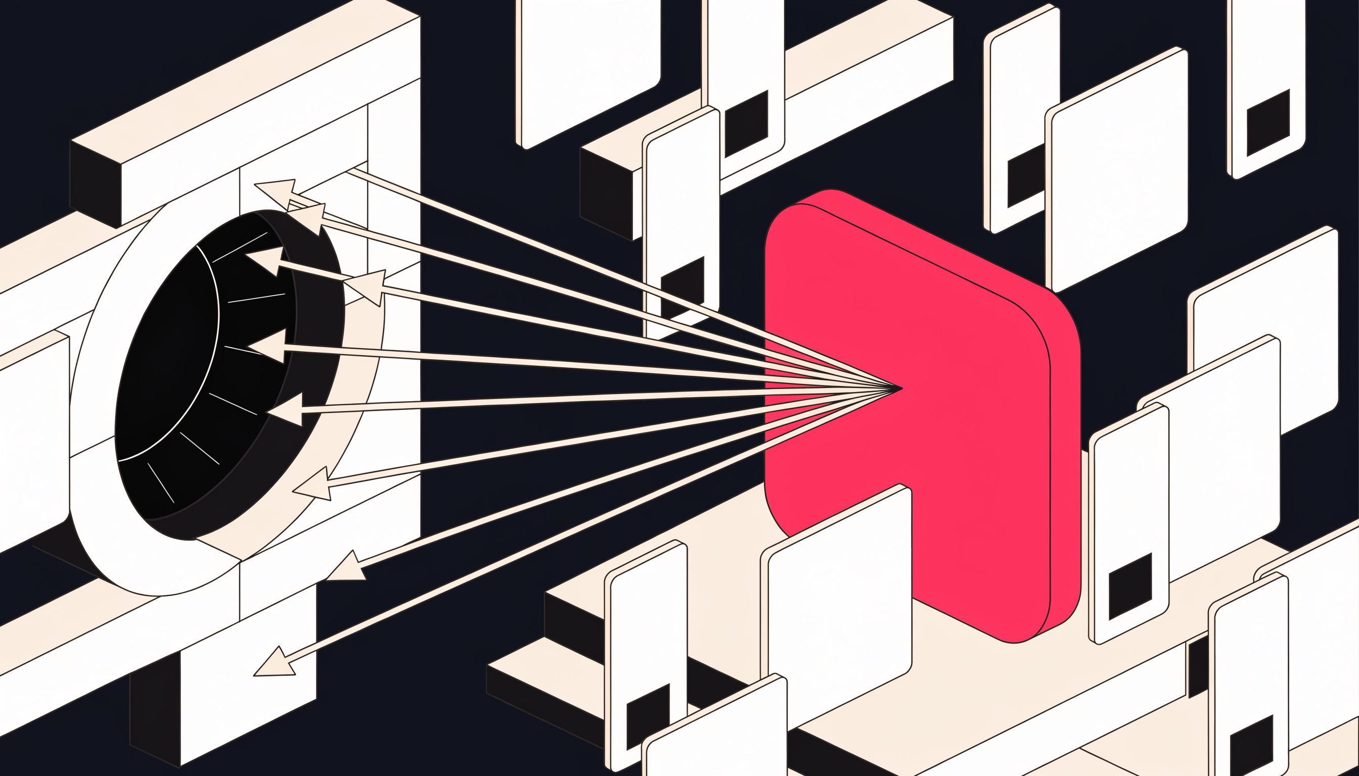 Zero-click search strategy concept — flat 2D isometric illustration of a search portal whose queries are absorbed by a glowing answer panel surrounded by citation cards, in dark charcoal with a pink-red accent