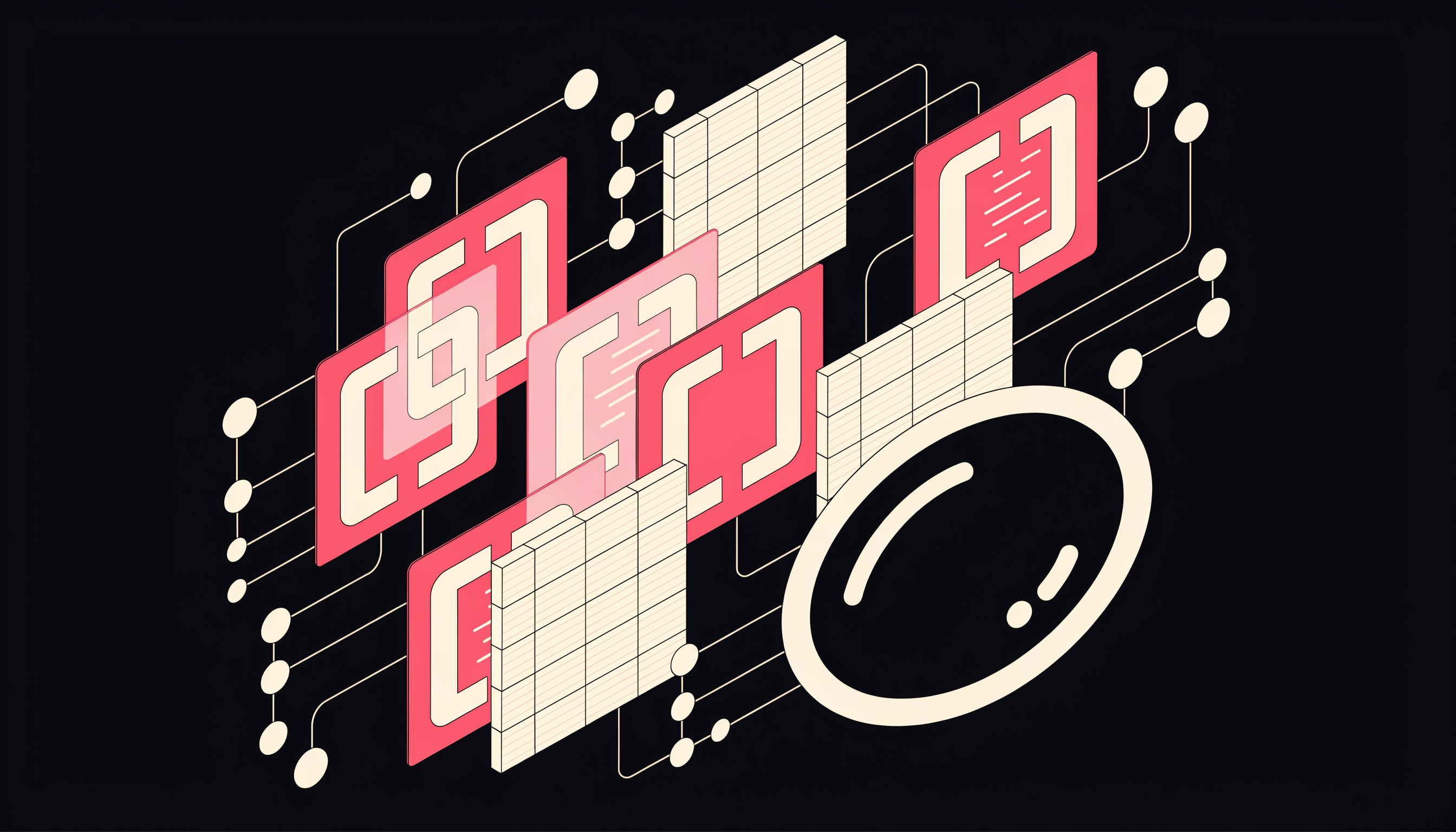 Schema markup for AI search checklist — flat 2D abstract illustration of layered structured-data panels and a scanning lens in Optimal's brand palette