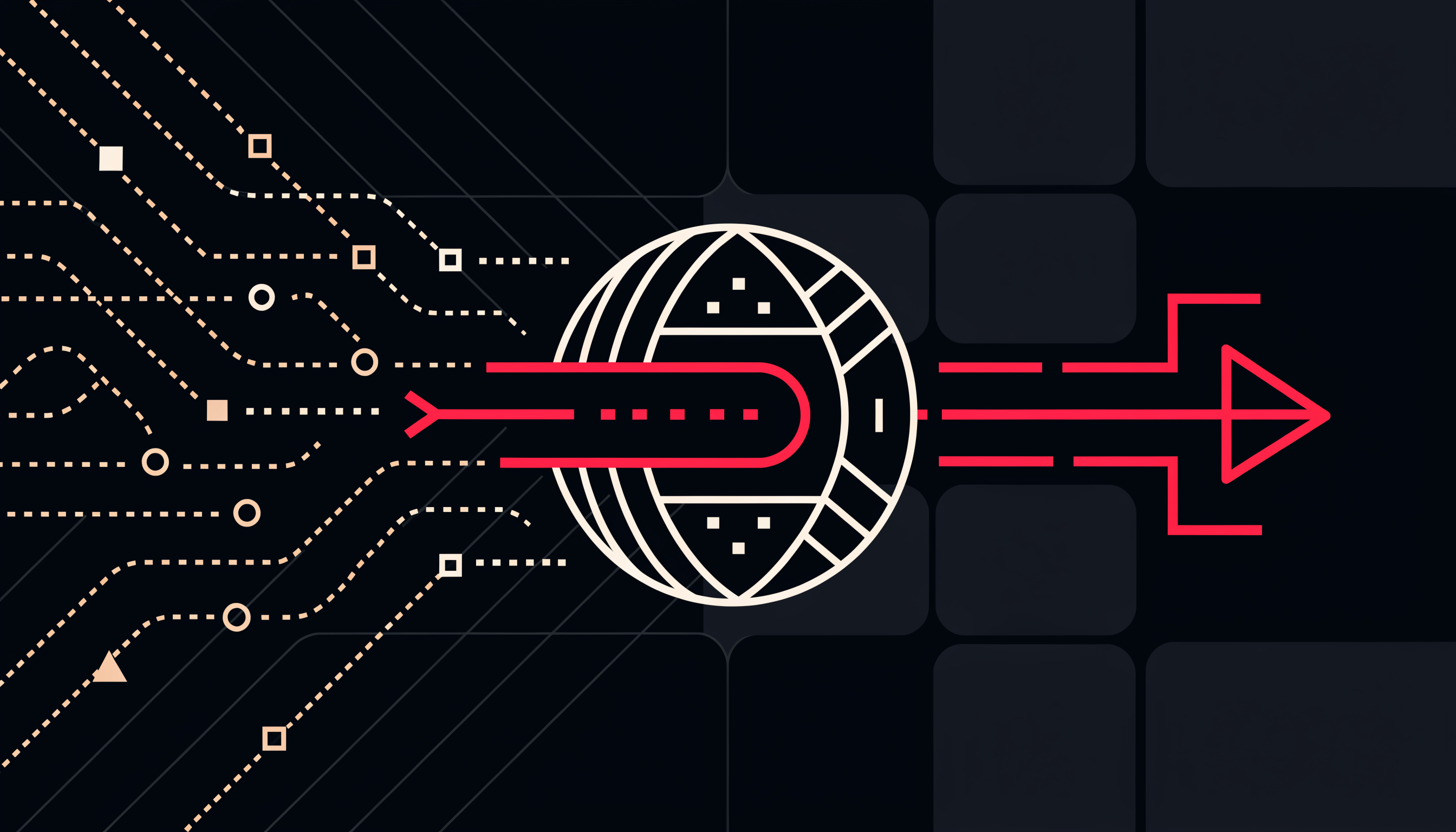 Flat 2D abstract illustration of the AI search B2B buyer journey: a coral path routing through a glowing AI node on a dark charcoal background