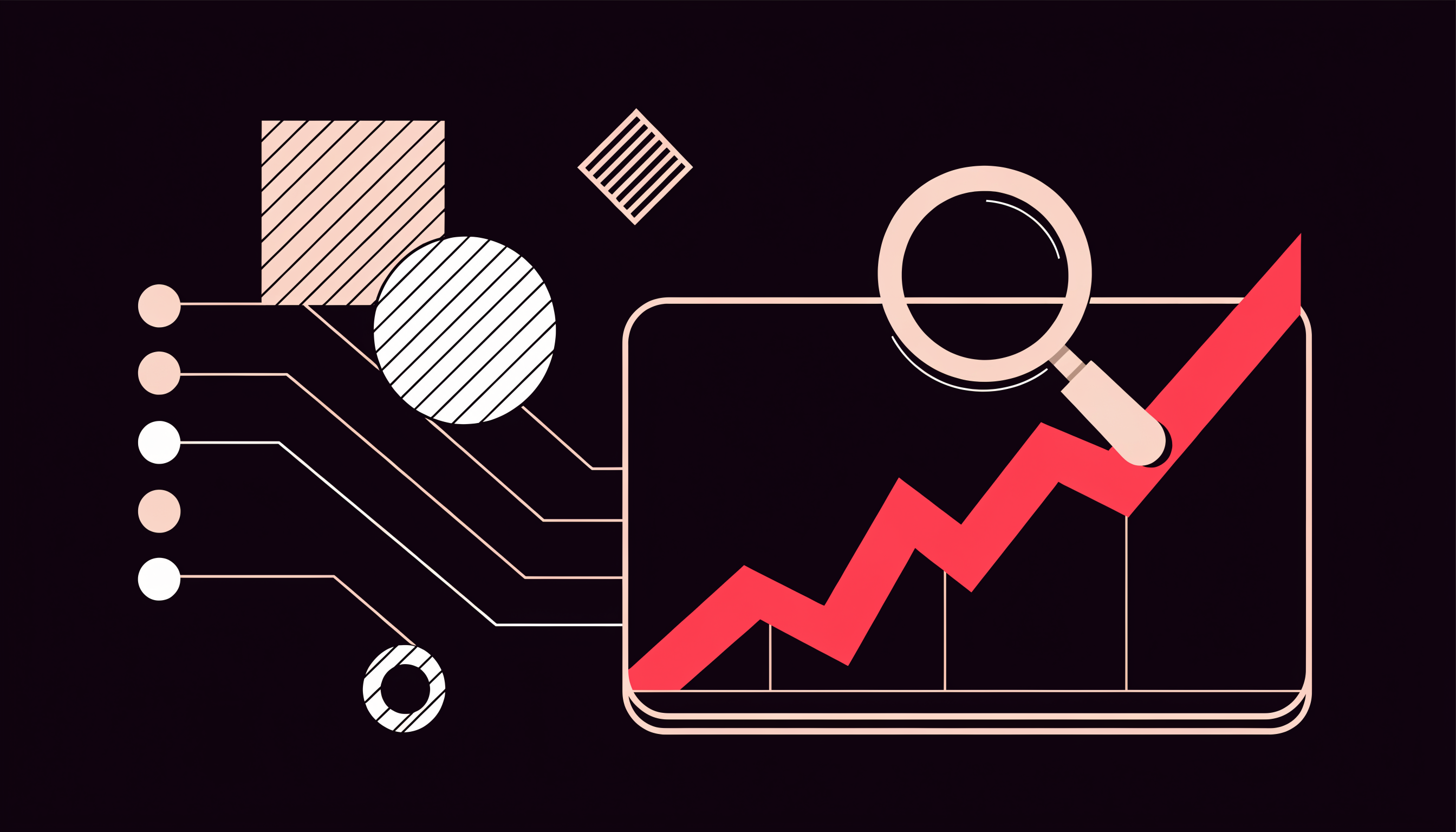 Measuring AI-referral traffic in GA4 — flat 2D abstract illustration of an analytics dashboard with a rising pink-red trend line and source nodes feeding into it on a dark background