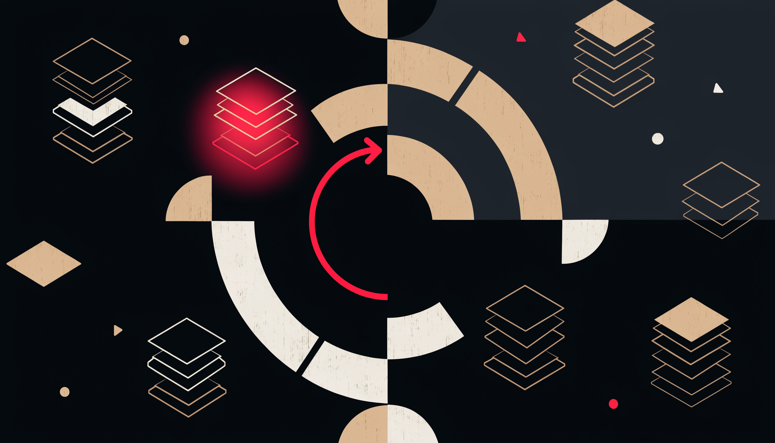 Content refresh cadence for AI visibility — flat 2D abstract illustration of a 90-day renewal cycle with isometric content pages in Optimal's brand palette