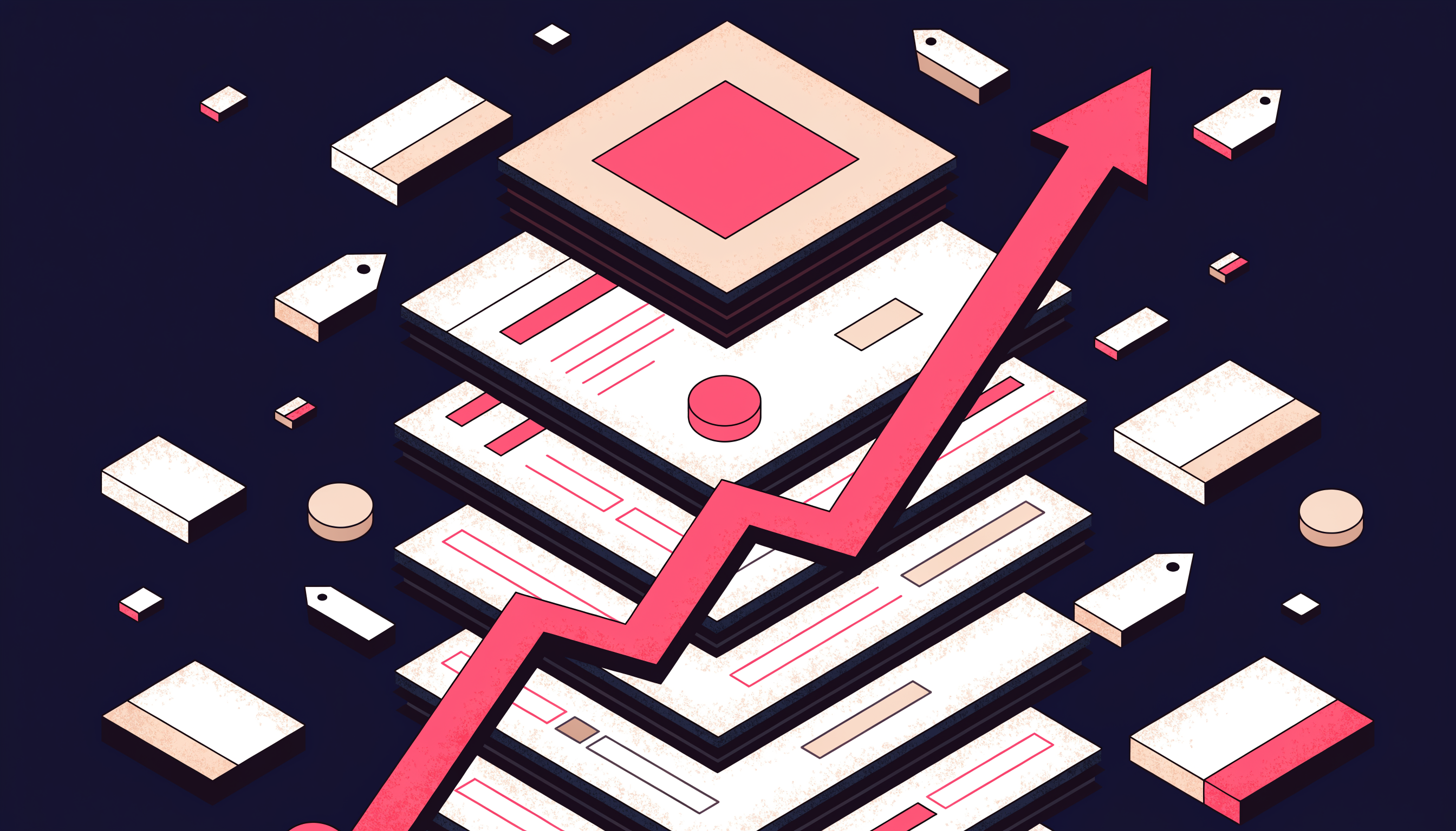 AI Overviews ads concept: isometric search-result panels with sponsored tags, coins, and a rising auction arrow in pink-red