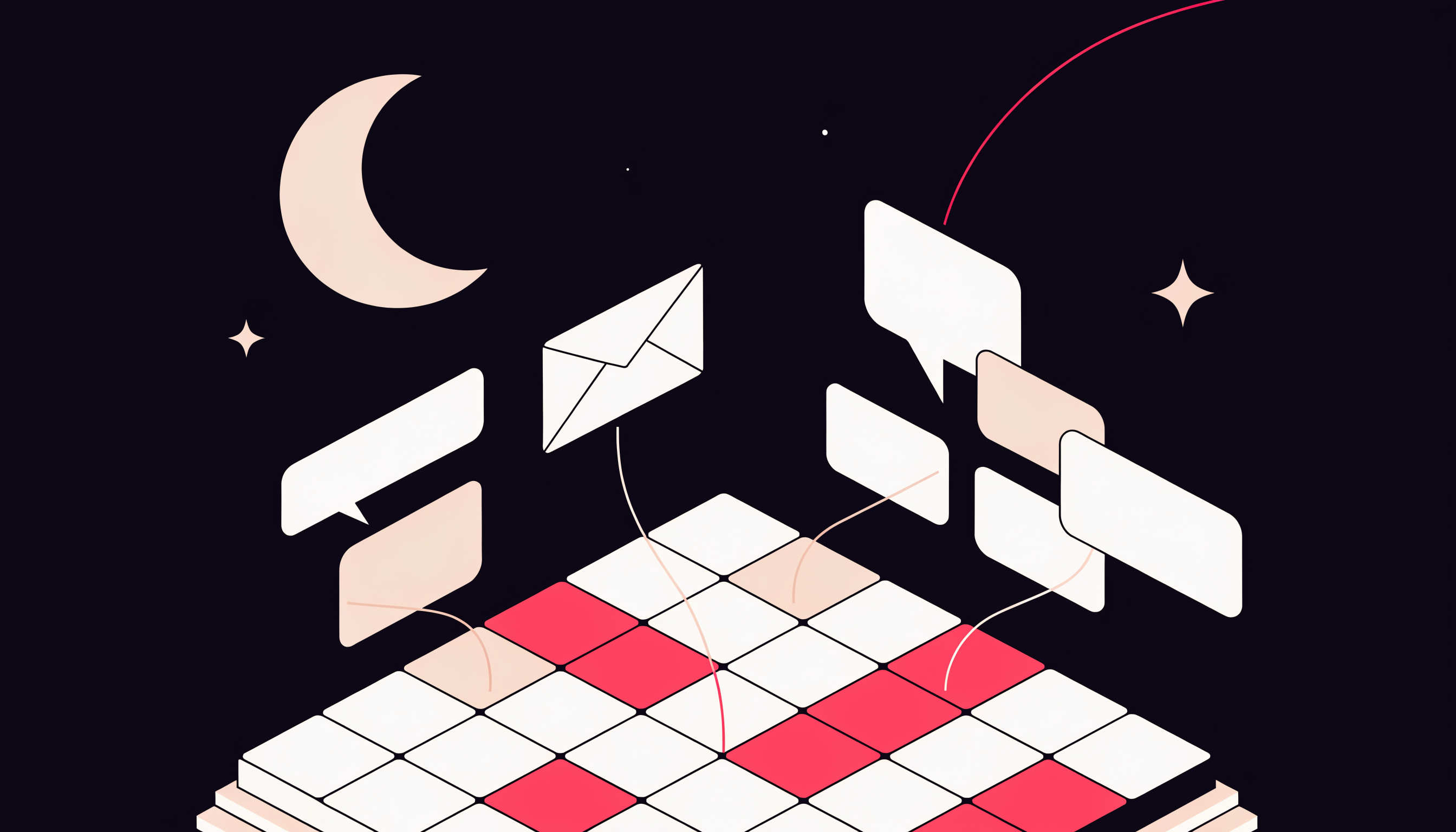 AI SDR agents booking B2B meetings overnight — flat 2D isometric illustration of an automated calendar filling with meetings under a night sky