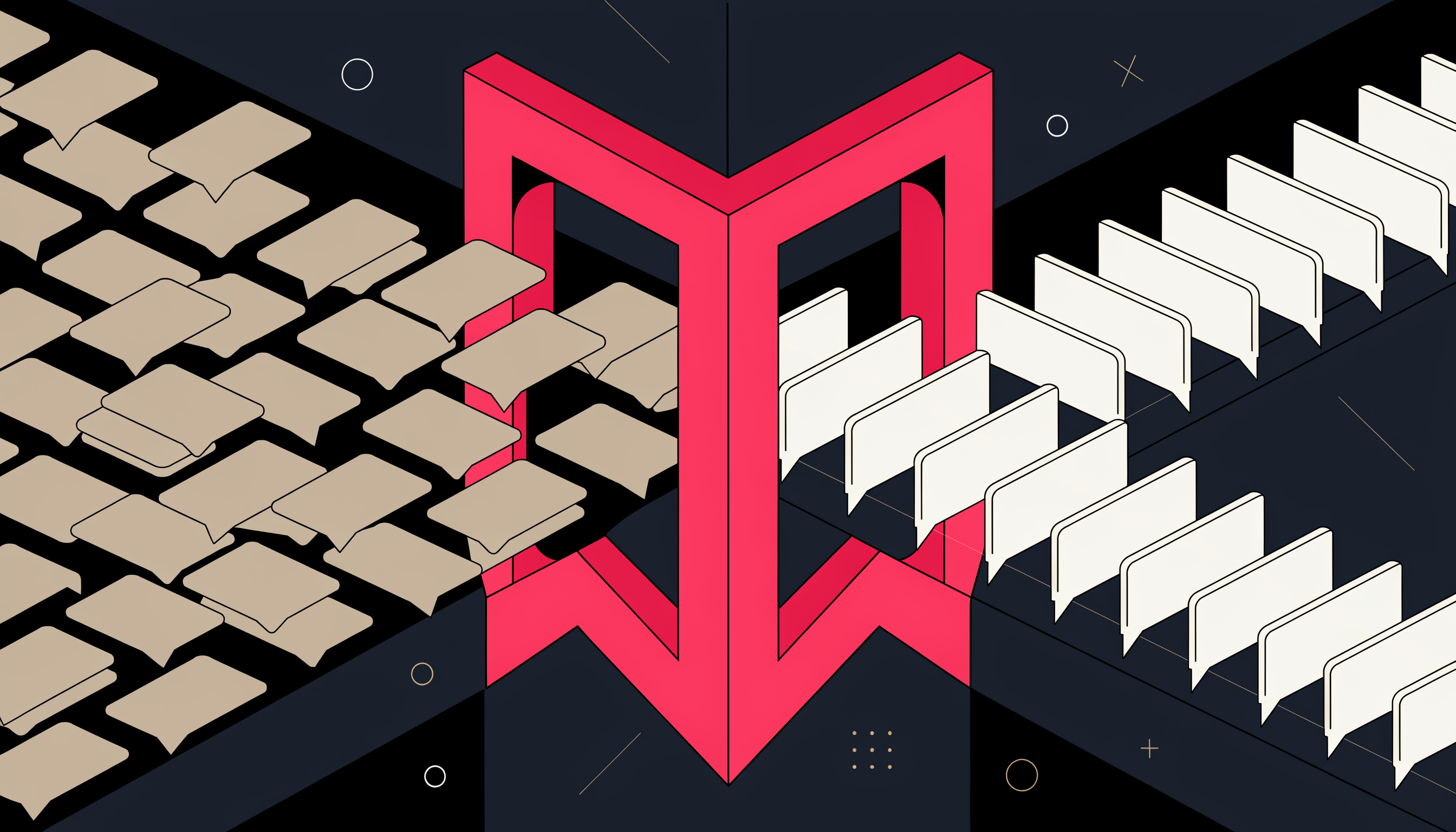 AI agent guardrails illustration: a pink-red shield gate filtering chaotic content cards into aligned on-brand outputs, flat 2D isometric editorial style in Optimal brand palette