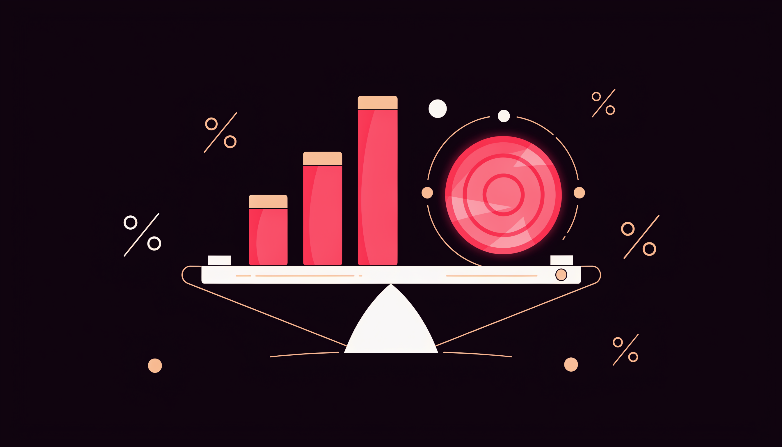The real ROI of AI agents in marketing — flat 2D abstract illustration of a balance scale weighing ascending bar charts against a glowing coin on a dark background