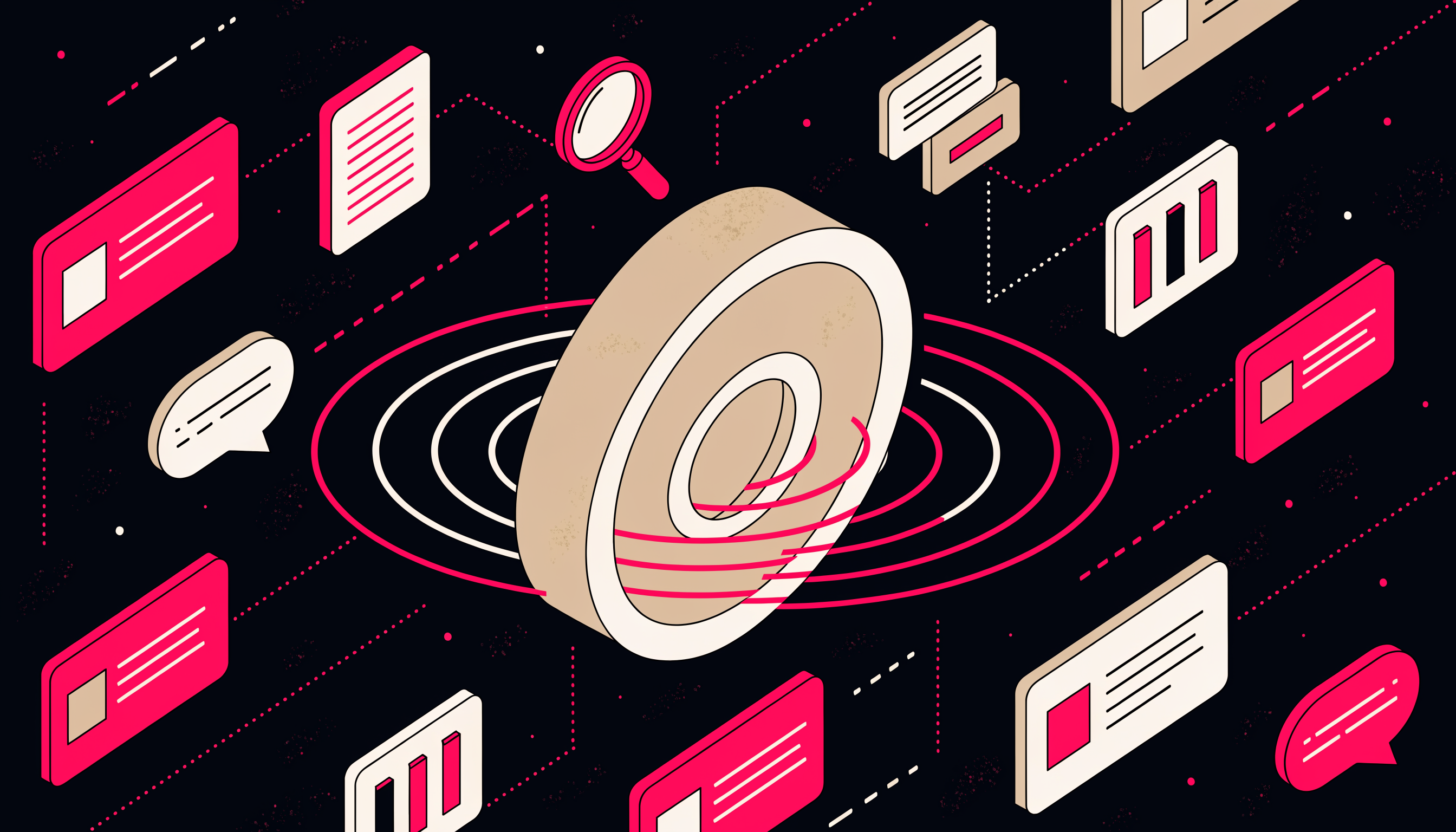 AI agents for competitive intelligence: flat 2D isometric illustration of an always-on monitoring radar scanning competitor signals in Optimal brand colors