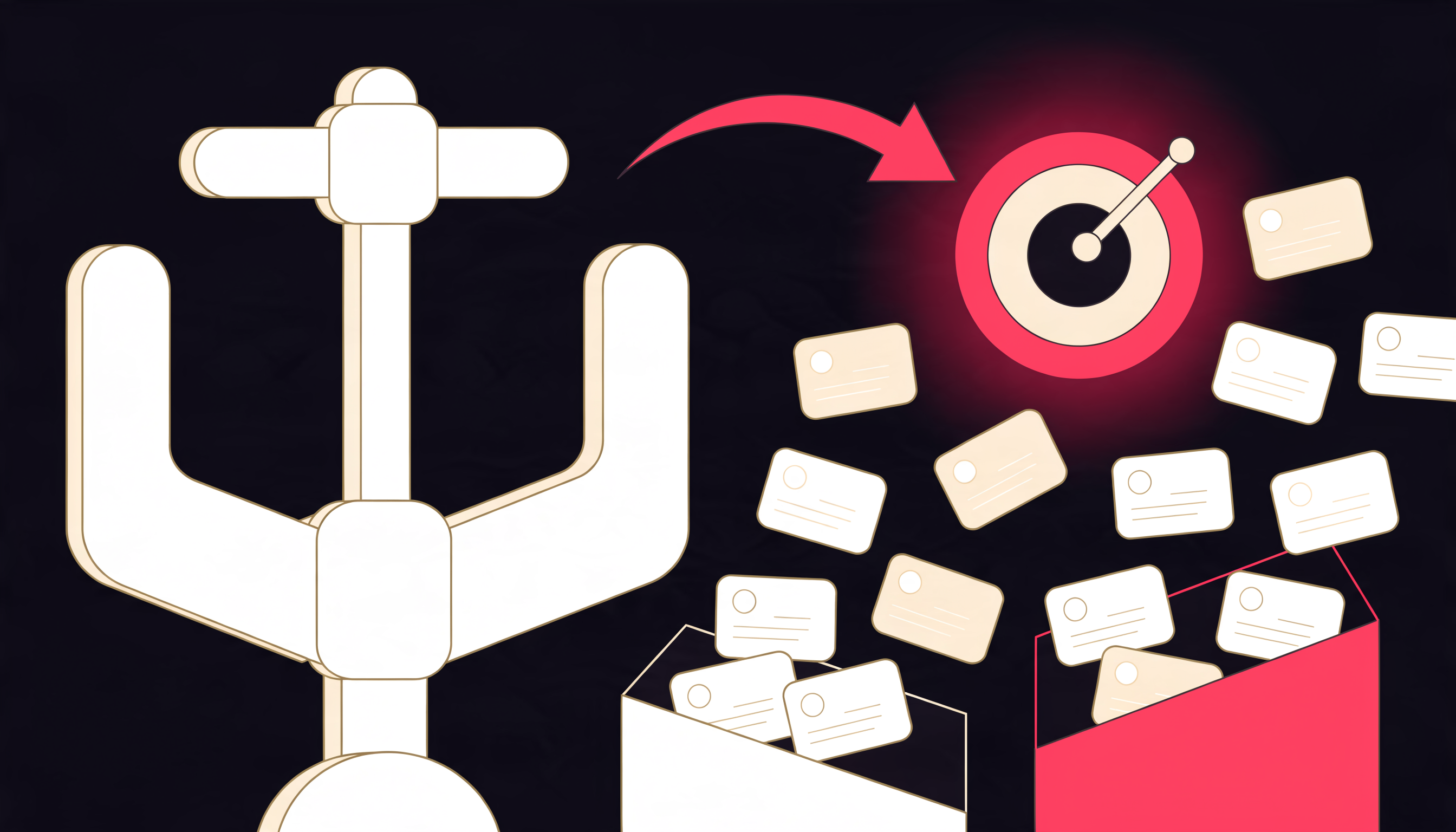 From copilot to autopilot in marketing decisions — flat 2D abstract illustration of a control yoke handing off to a glowing autonomous compass with decision cards sorted into trays