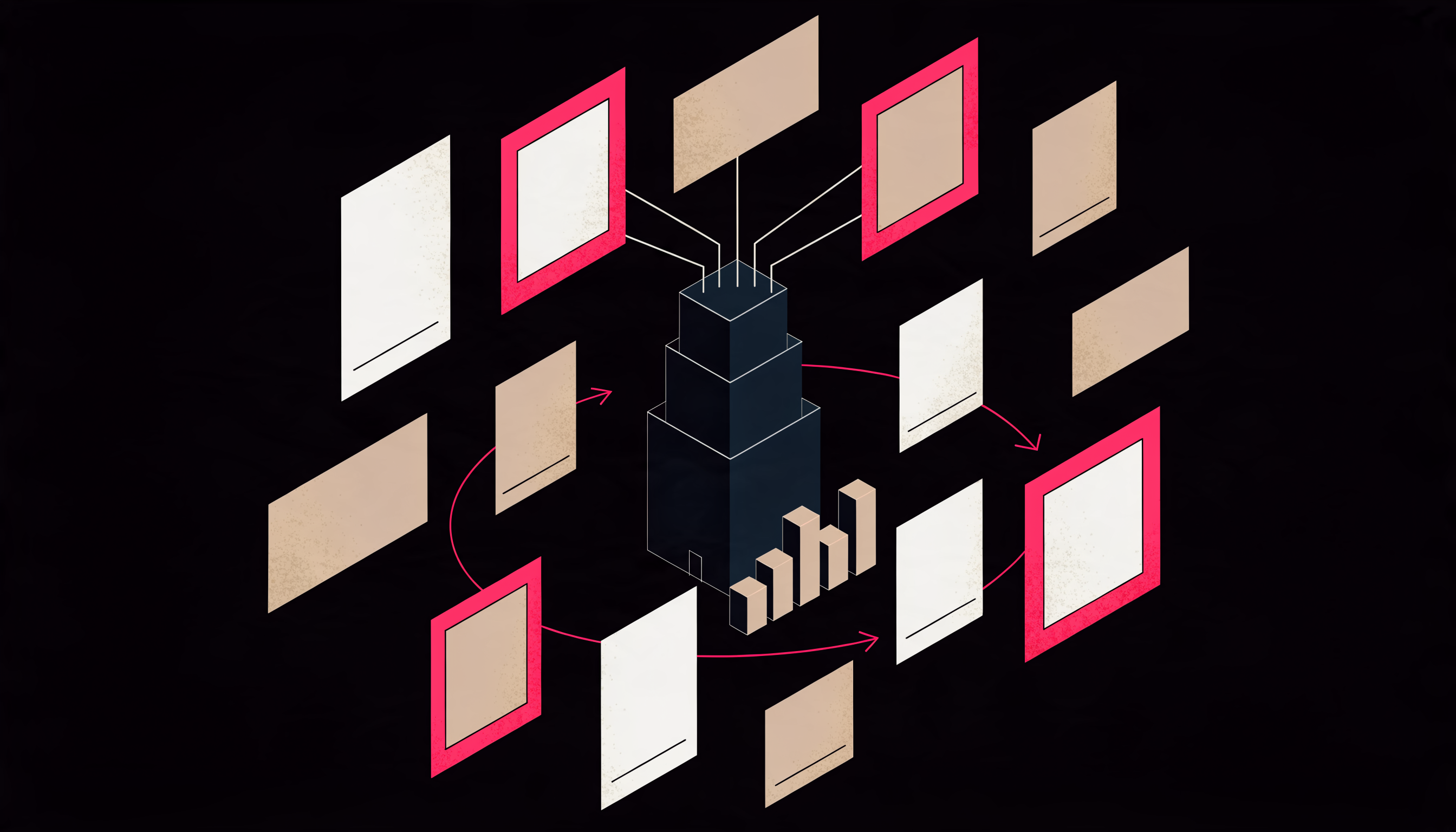 AI agent orchestration for paid media creative testing at scale — isometric illustration of an AI control tower routing creative variants through a continuous test-and-learn loop
