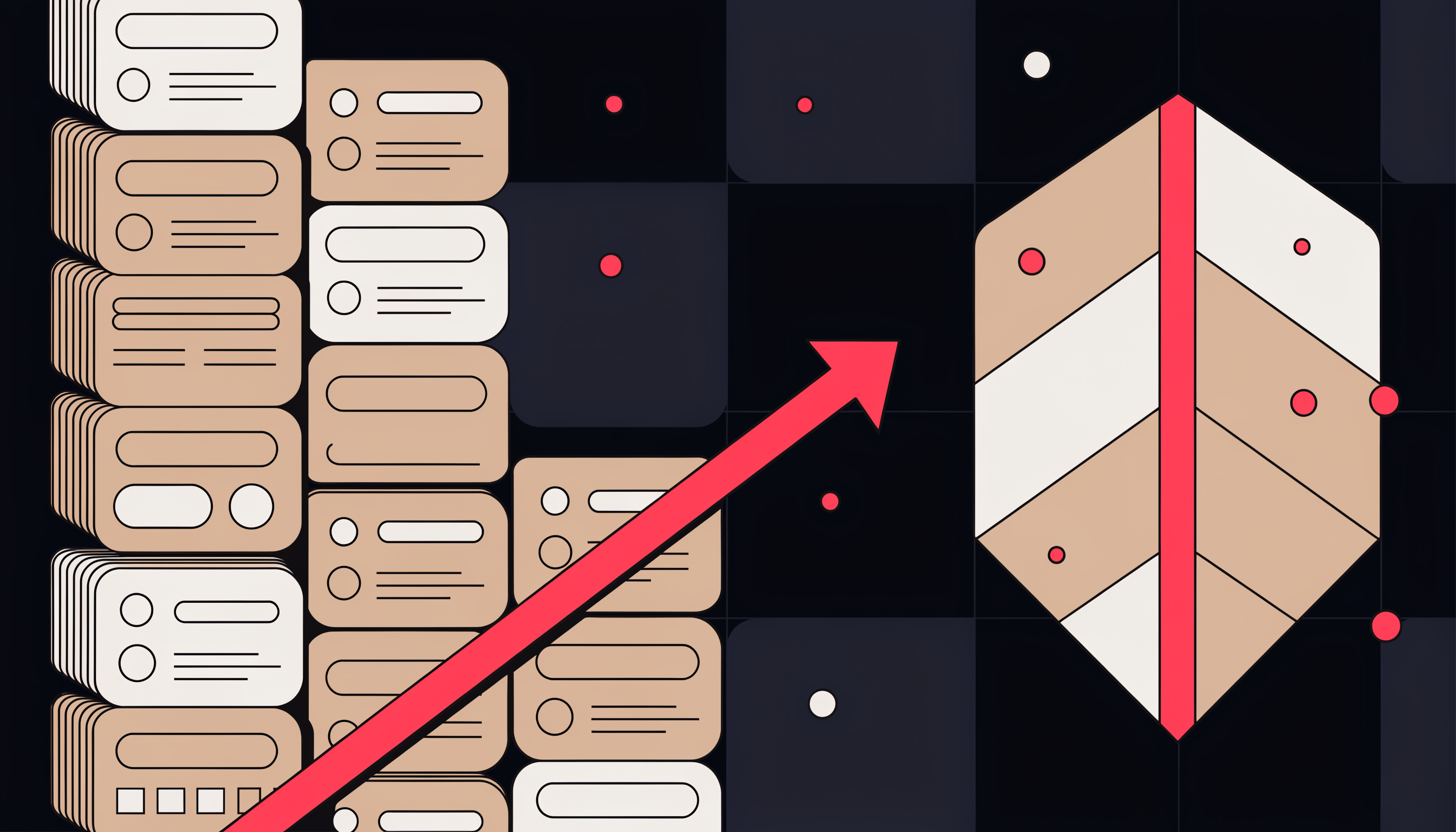 AI content agents and E-E-A-T: flat 2D isometric illustration of stacked content cards feeding an ascending arrow toward a trust shield, in Optimal's brand palette