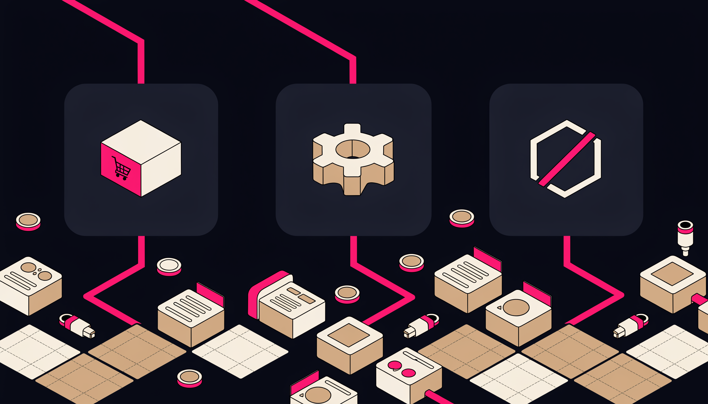 Isometric illustration of a marketing technology decision board sorting platform tiles into buy, build, and skip lanes, with a magenta arrow routing blocks between them