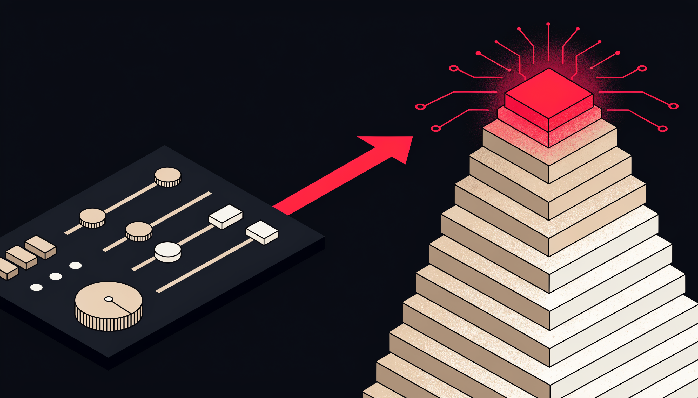 Flat 2D isometric illustration comparing predictive vs rules-based lead scoring, in Optimal's brand palette