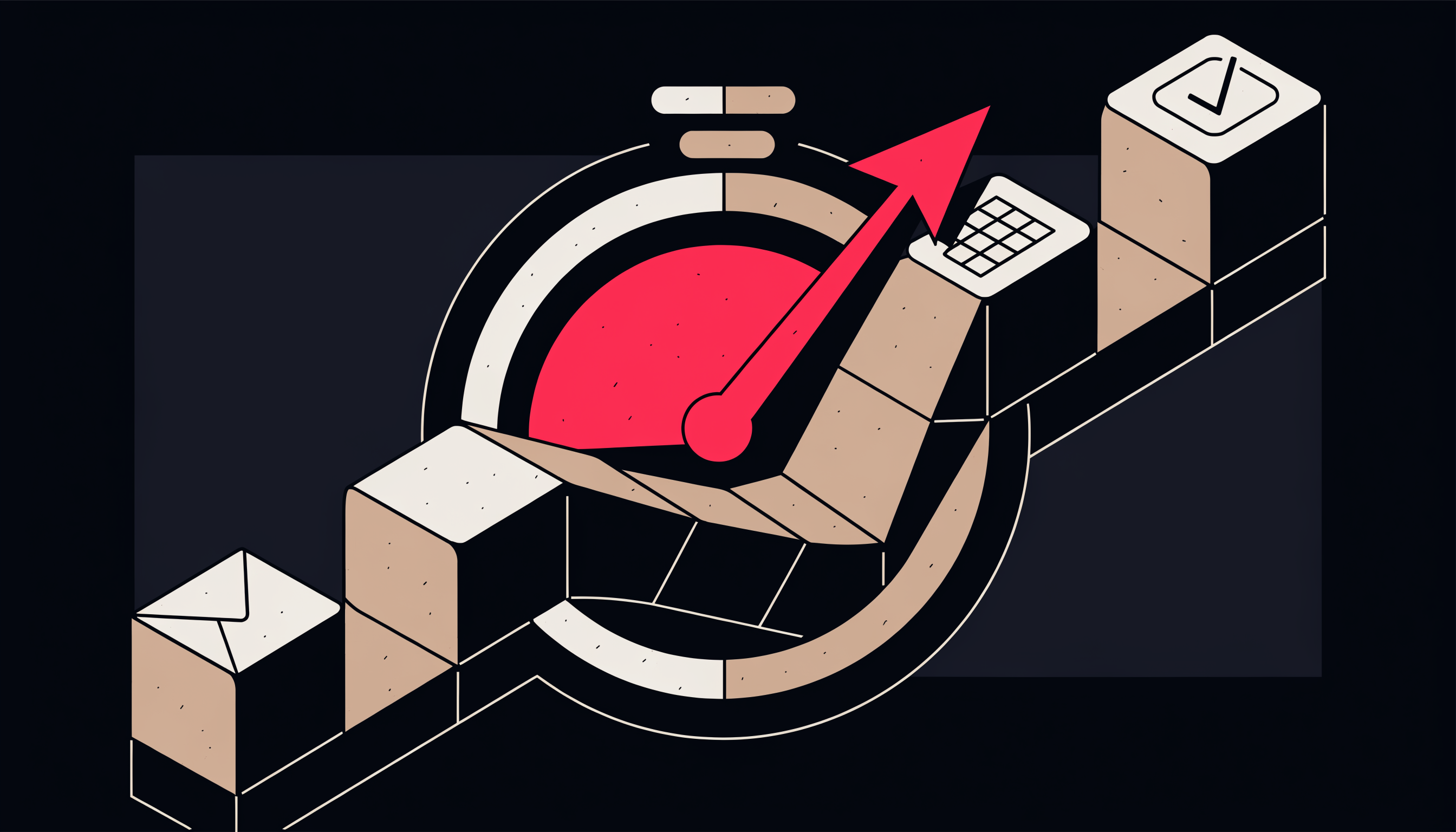 Speed-to-lead automation concept — flat 2D isometric illustration of a geometric stopwatch and lead pipeline funnel showing an envelope converting into a booked meeting checkmark
