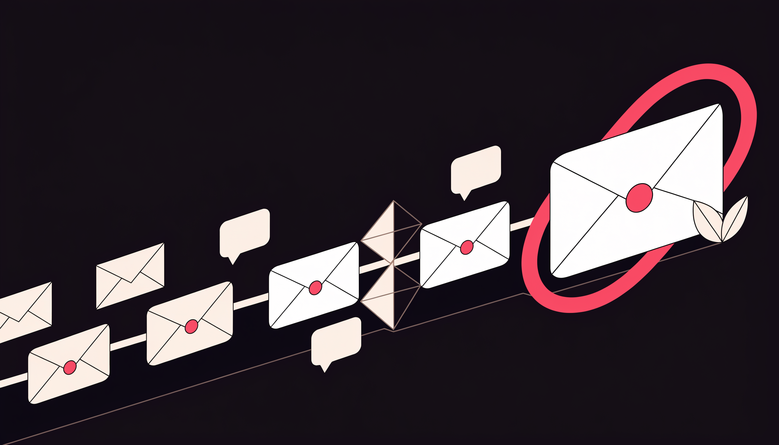 Flat 2D isometric illustration of B2B automated lead nurturing: envelopes moving along a conveyor pipeline through a prism that warms them, ending with a grown leaf motif, in dark charcoal with pink-red accent seals