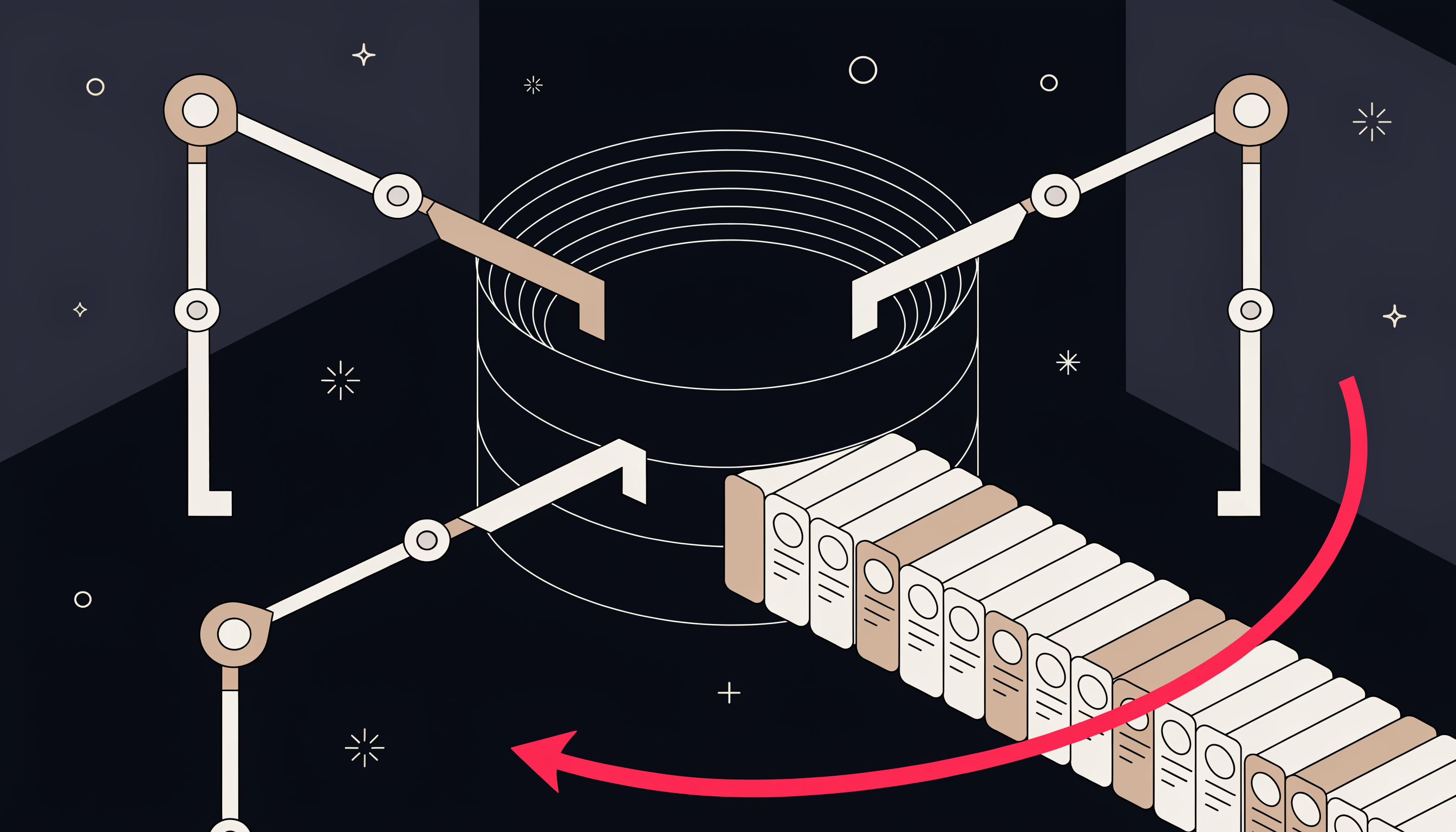 Flat 2D isometric illustration of an automated CRM data hygiene pipeline — robotic arms cleaning a dark database cylinder while clean contact records flow out along a magenta arrow