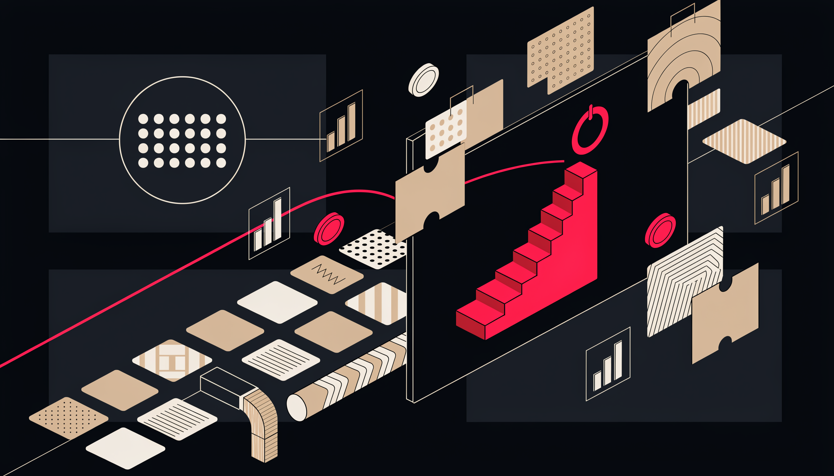 Flat 2D isometric illustration showing AI-powered pipeline forecasting for B2B revenue leaders — geometric deal cards feeding a dashboard where an ascending forecast chart meets its target ring