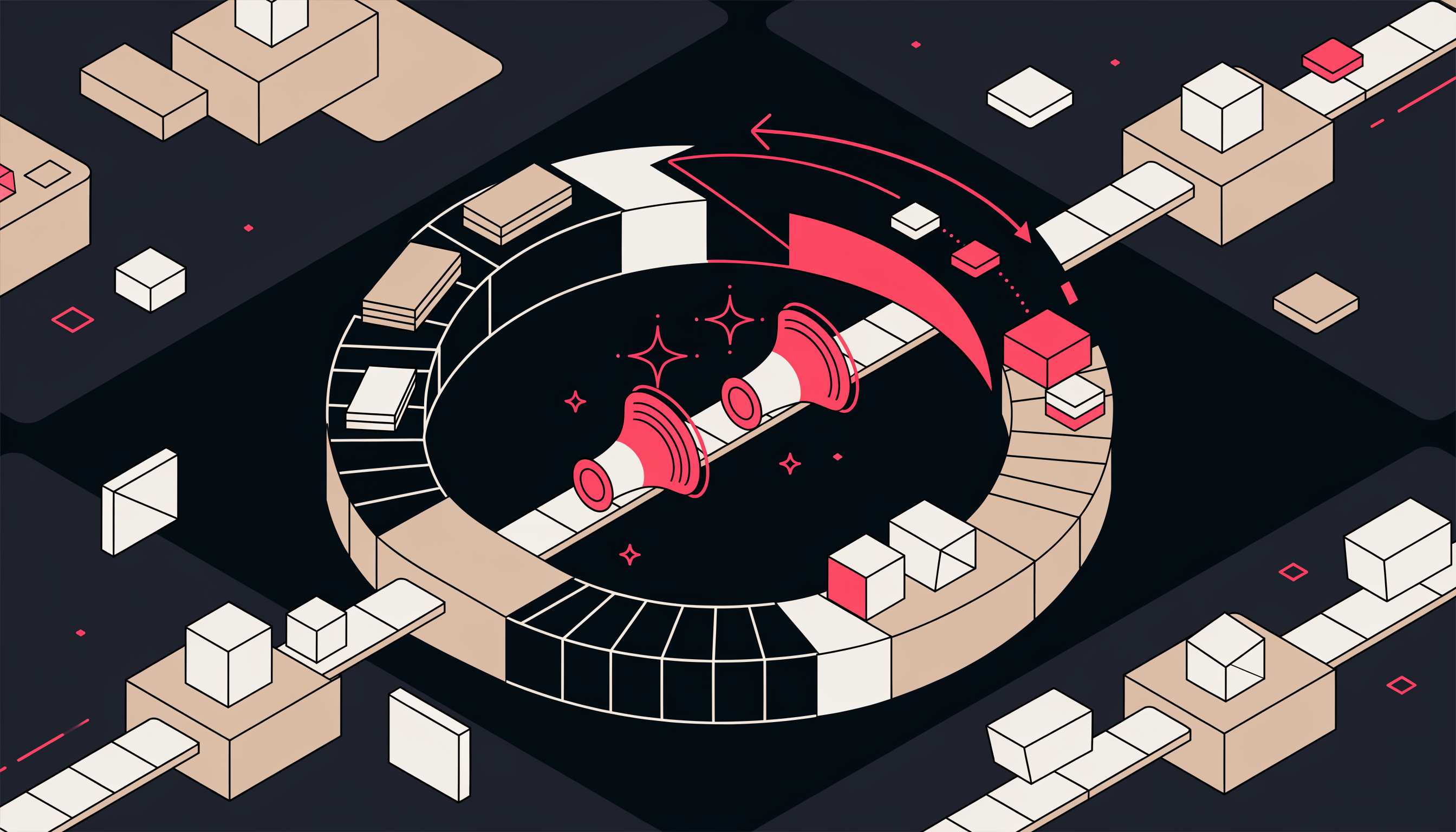 Flat 2D isometric illustration of a continuous lifecycle marketing automation loop carrying customer tokens through stages to an advocacy node with megaphones