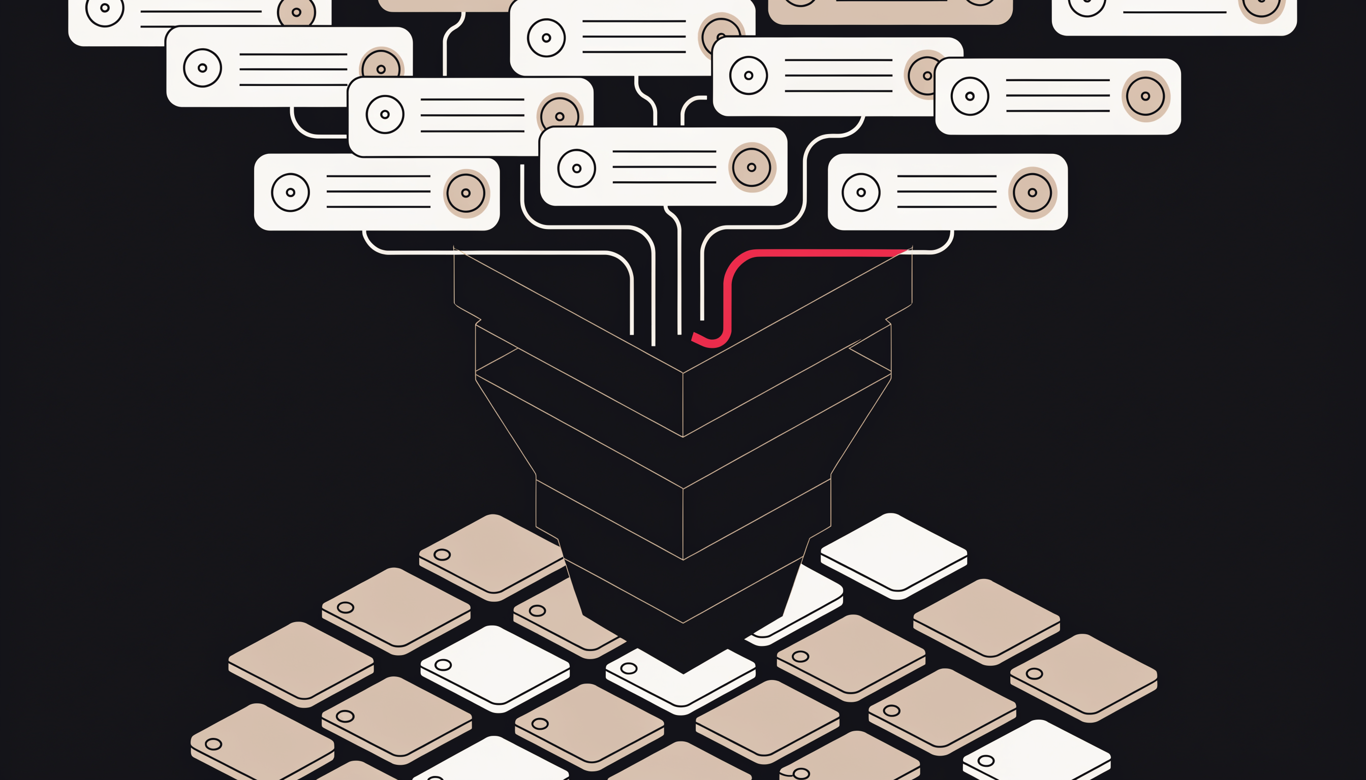 Flat 2D isometric illustration of an AI search dark funnel: chat answer cards feeding into a geometric CRM pipeline on a dark background, with one red accent path showing invisible attribution