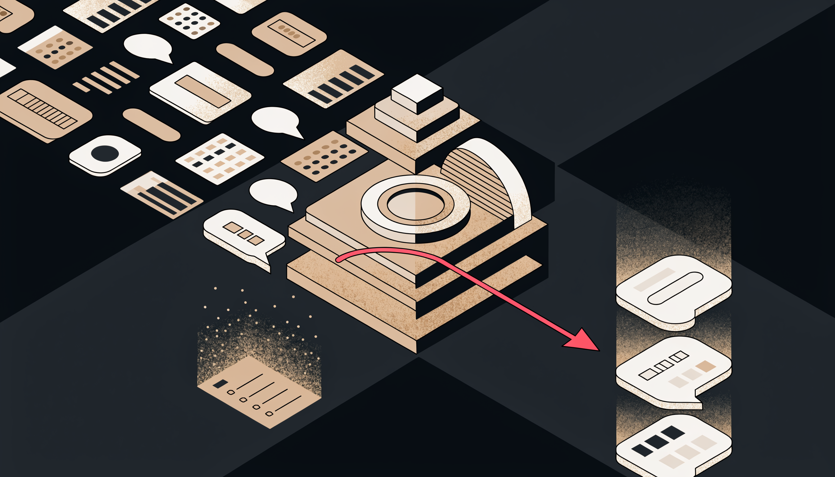 AI next-best-action engine replacing static sales playbooks — flat 2D isometric illustration of a decision core routing signal cards into a prioritized queue