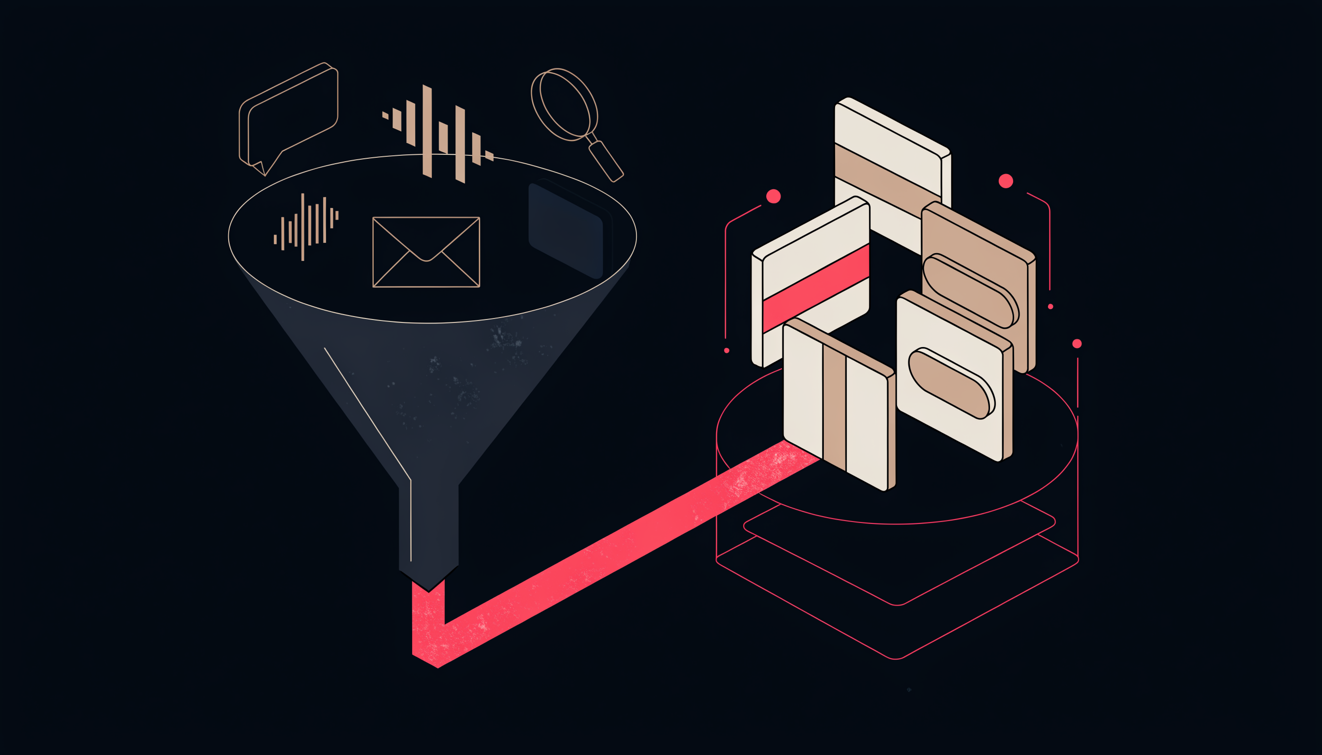 Self-reported attribution concept — flat 2D isometric illustration of a dark funnel with untracked signals being pulled by an AI beam into classified cards on a CRM database