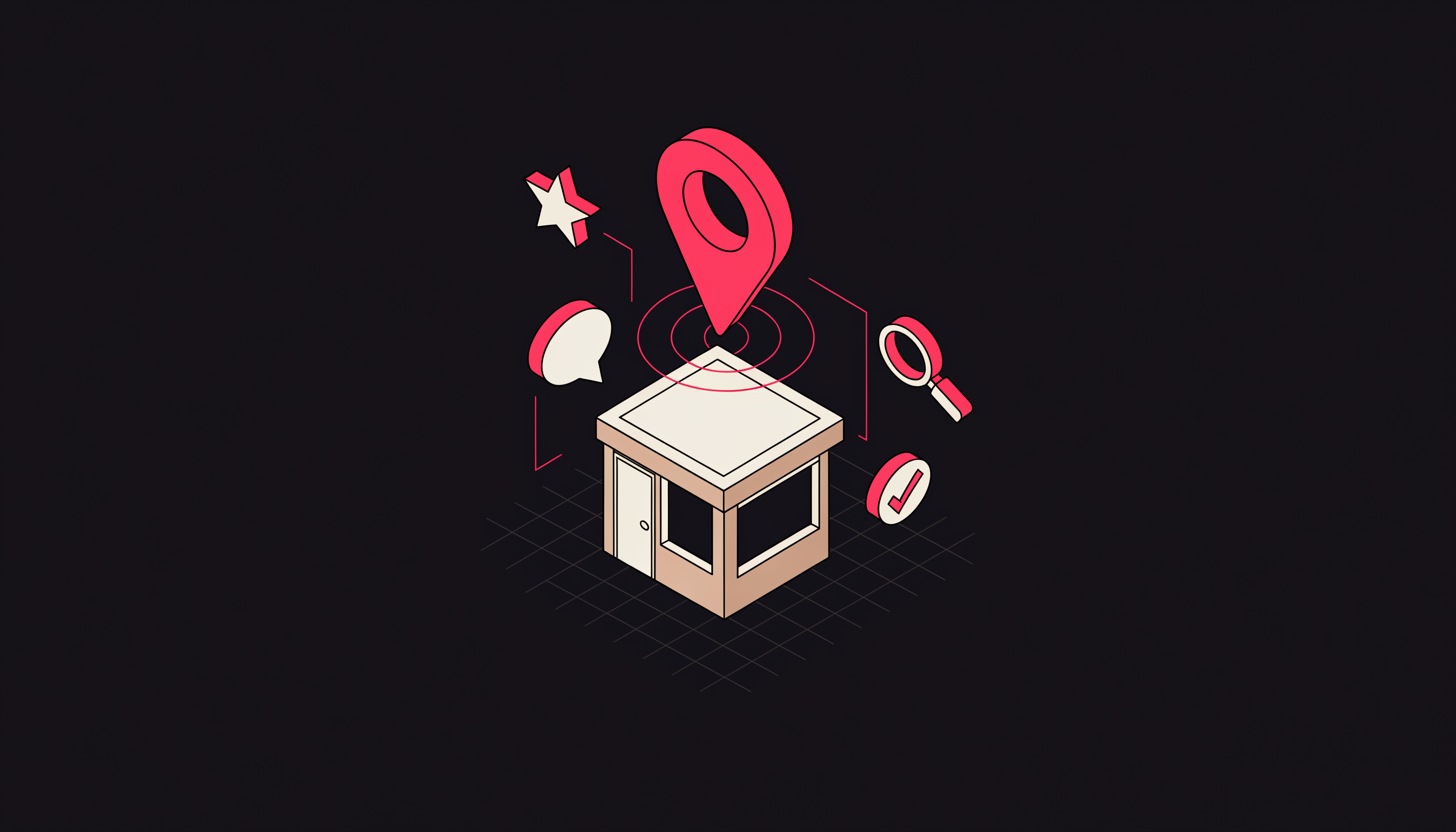 How to get your business recommended by ChatGPT — flat 2D isometric illustration of a local storefront with a glowing location pin and orbiting review, search, and verification icons