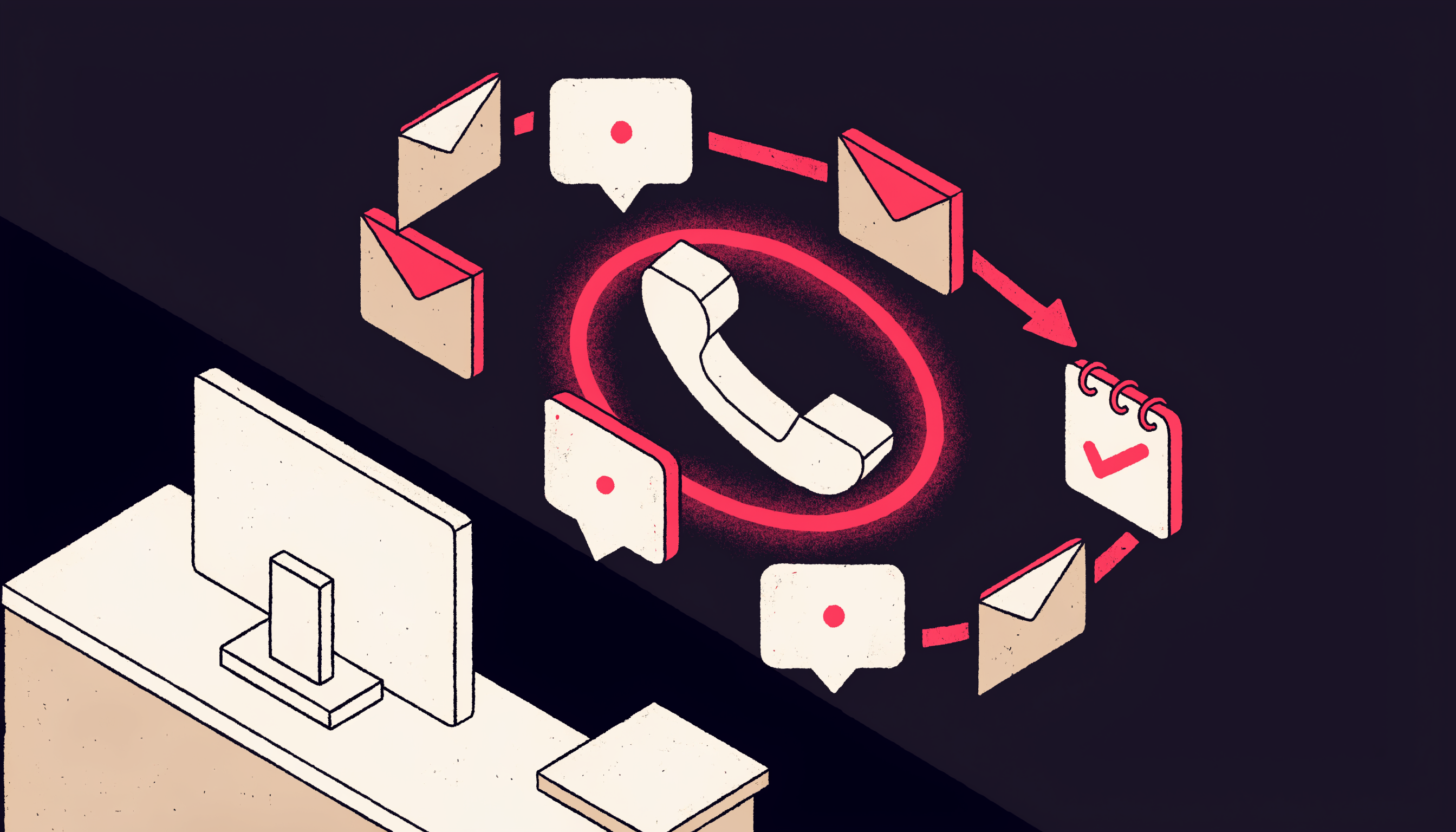 Flat 2D isometric illustration of an AI receptionist telephone handset over a front desk with glowing calendar and chat icons
