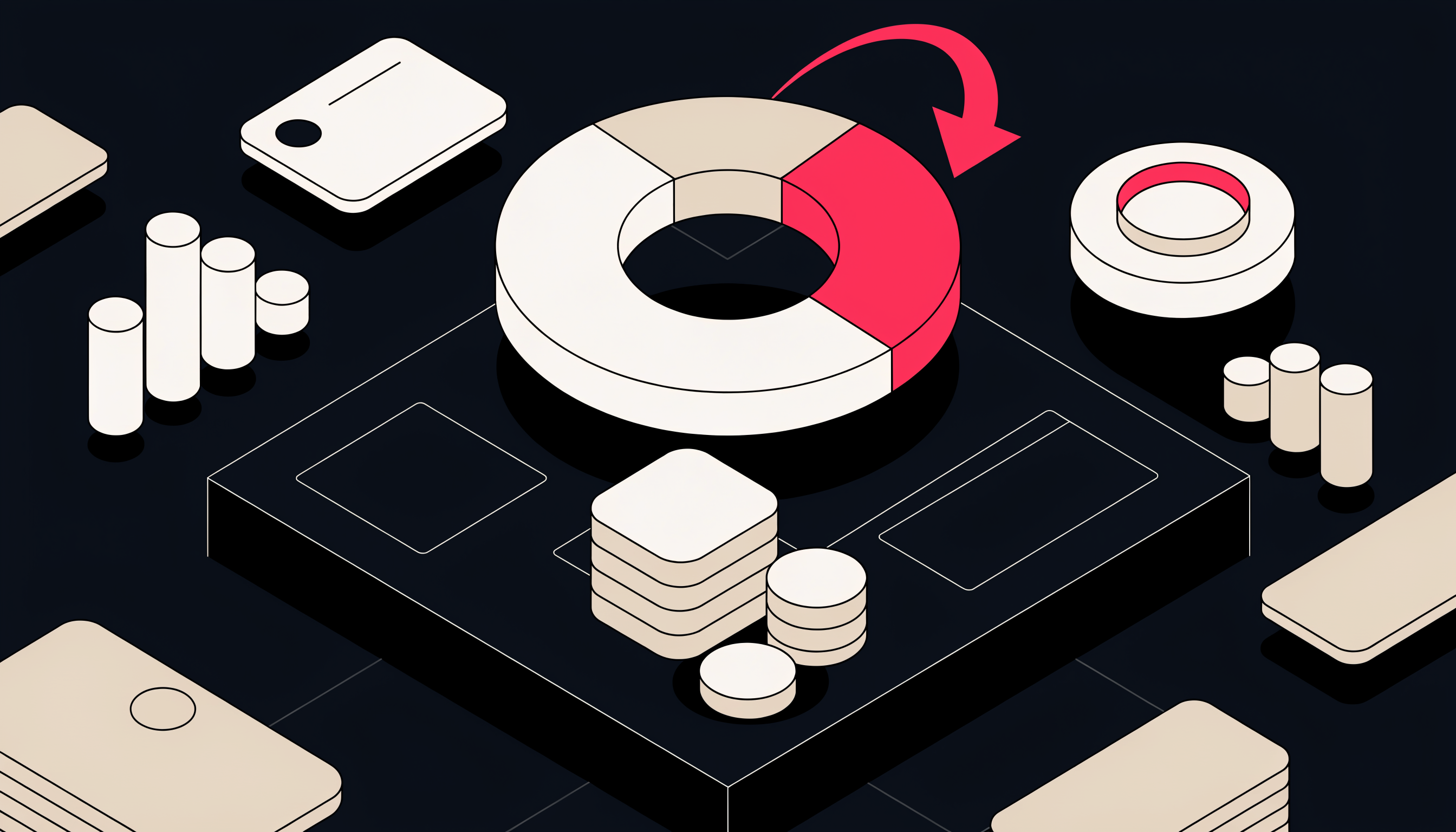 Flat 2D isometric illustration of a small business marketing budget: a segmented donut chart with a pink-red accent slice and arrow, coin stacks, gauges, and dashboard cards on a dark background