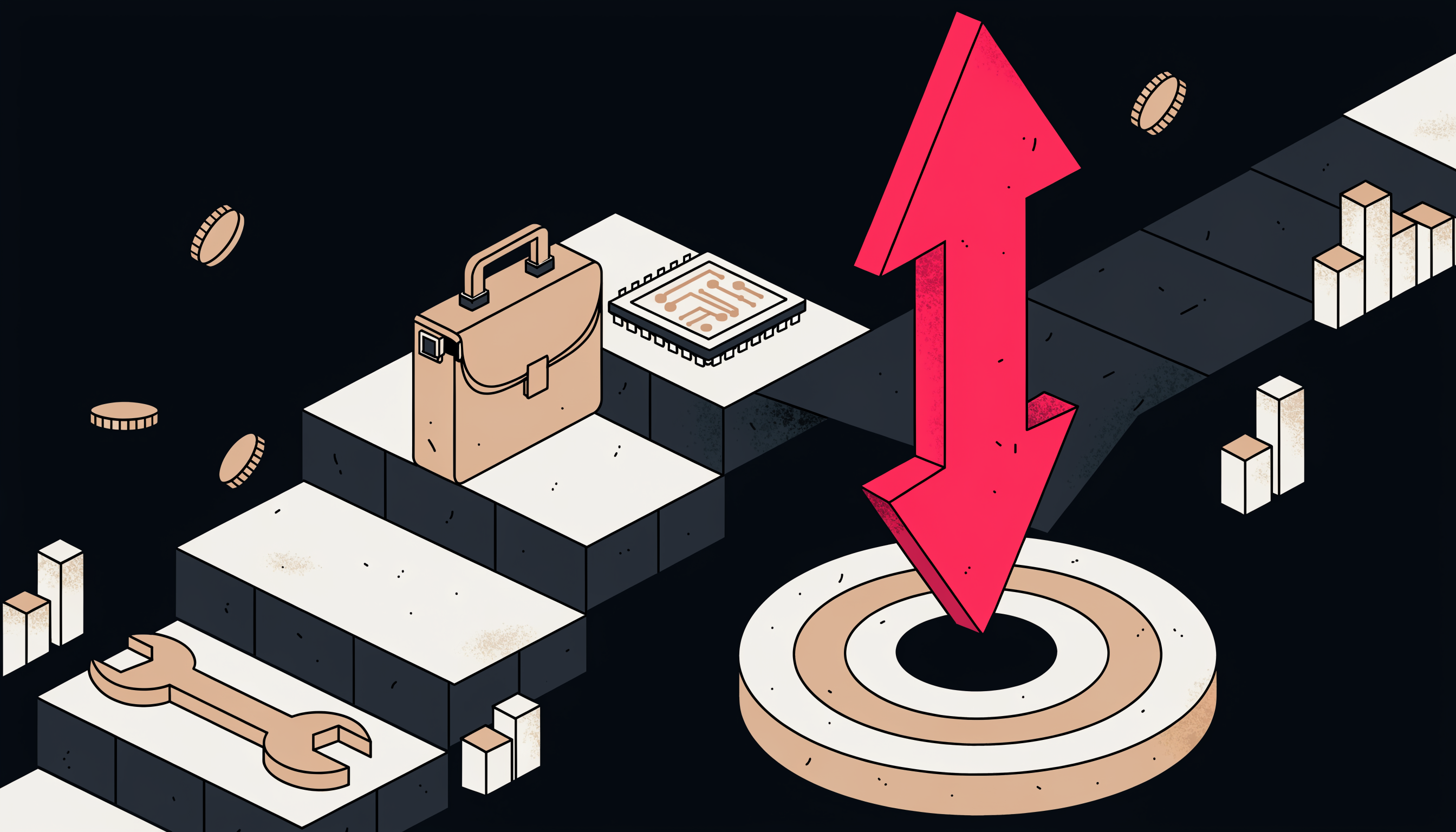 DIY vs agency vs AI marketing for small business — three isometric paths (wrench, briefcase, AI chip) converging into one arrow hitting a target