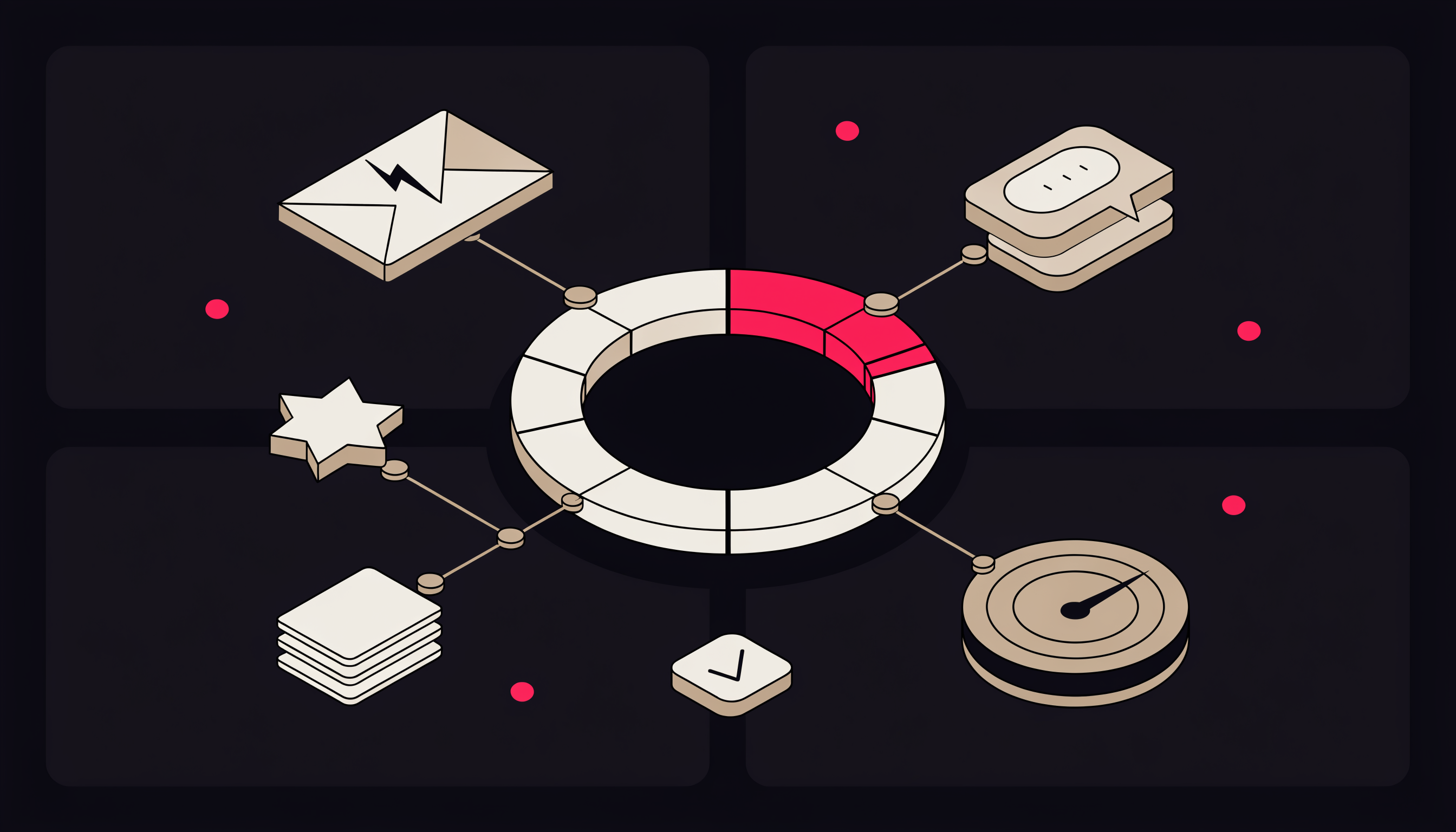 30-minute marketing week AI systems for small business owners — flat isometric weekly calendar ring with five connected automation modules