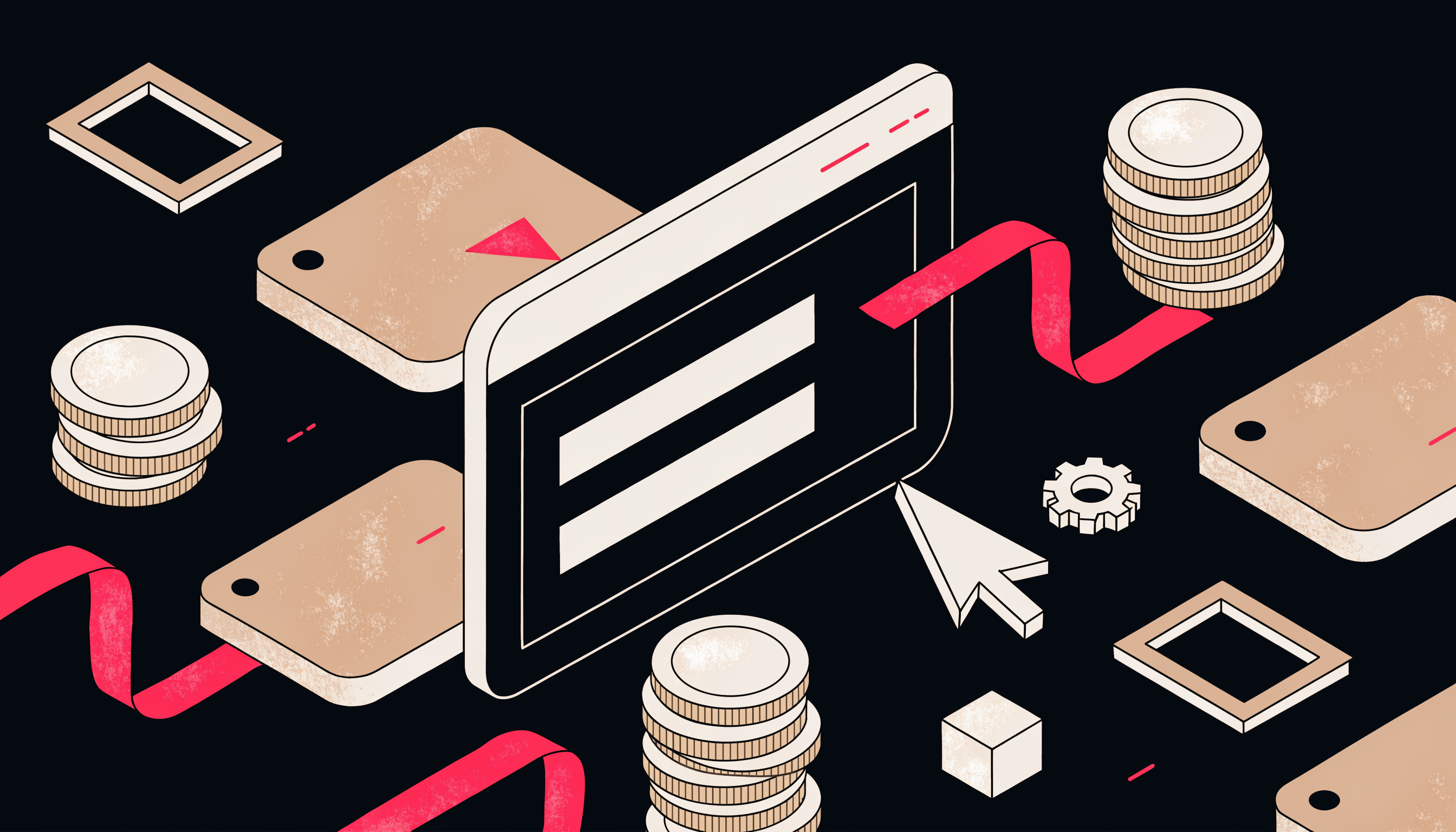 Flat 2D isometric illustration showing small business website cost in 2026: a browser window surrounded by price tags, coin stacks, and a pink-red arrow on a dark charcoal background