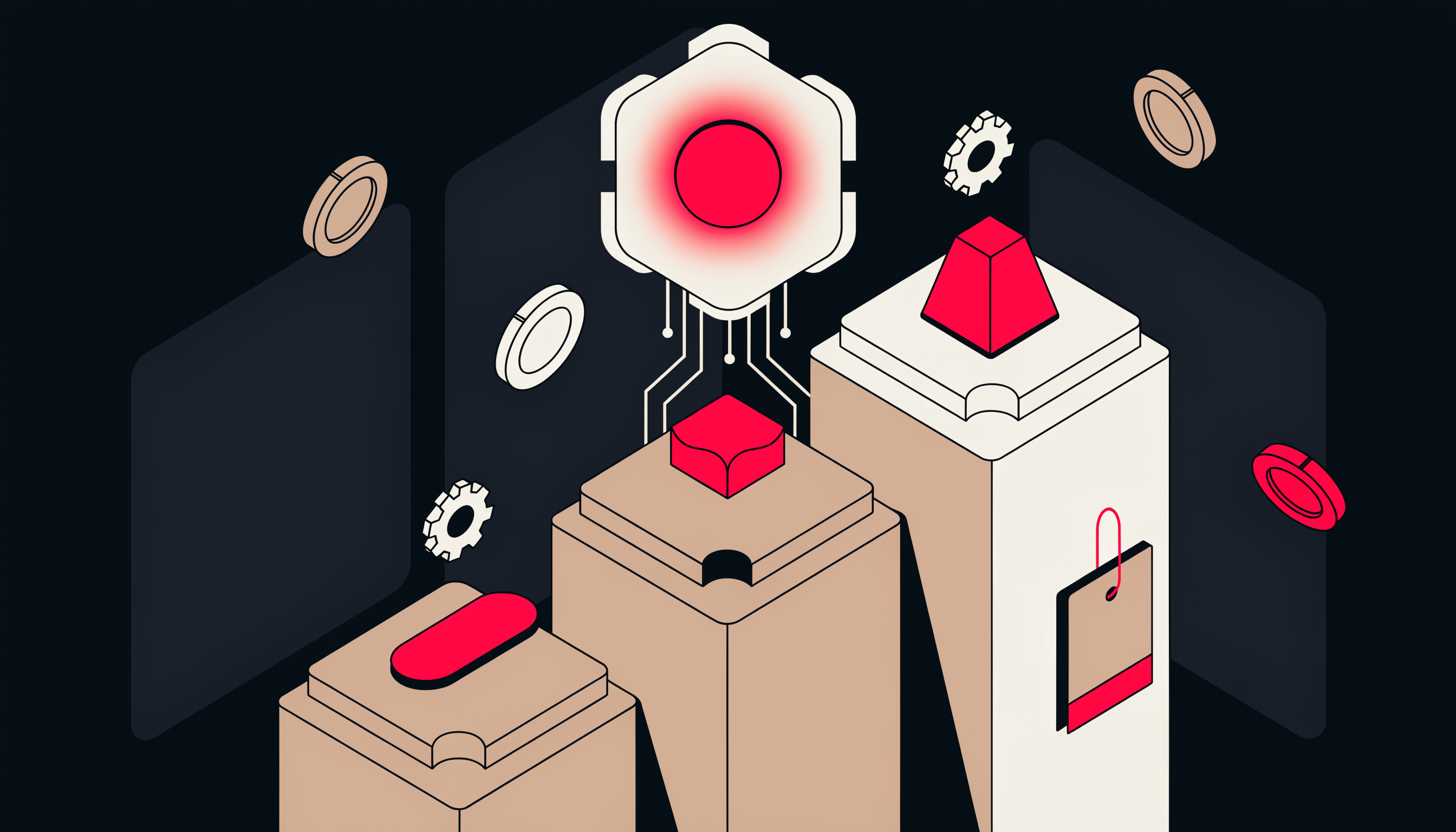AI marketing agency cost in 2026 — flat 2D isometric illustration of pricing tier cards with retainer, project, and performance models on a dark background
