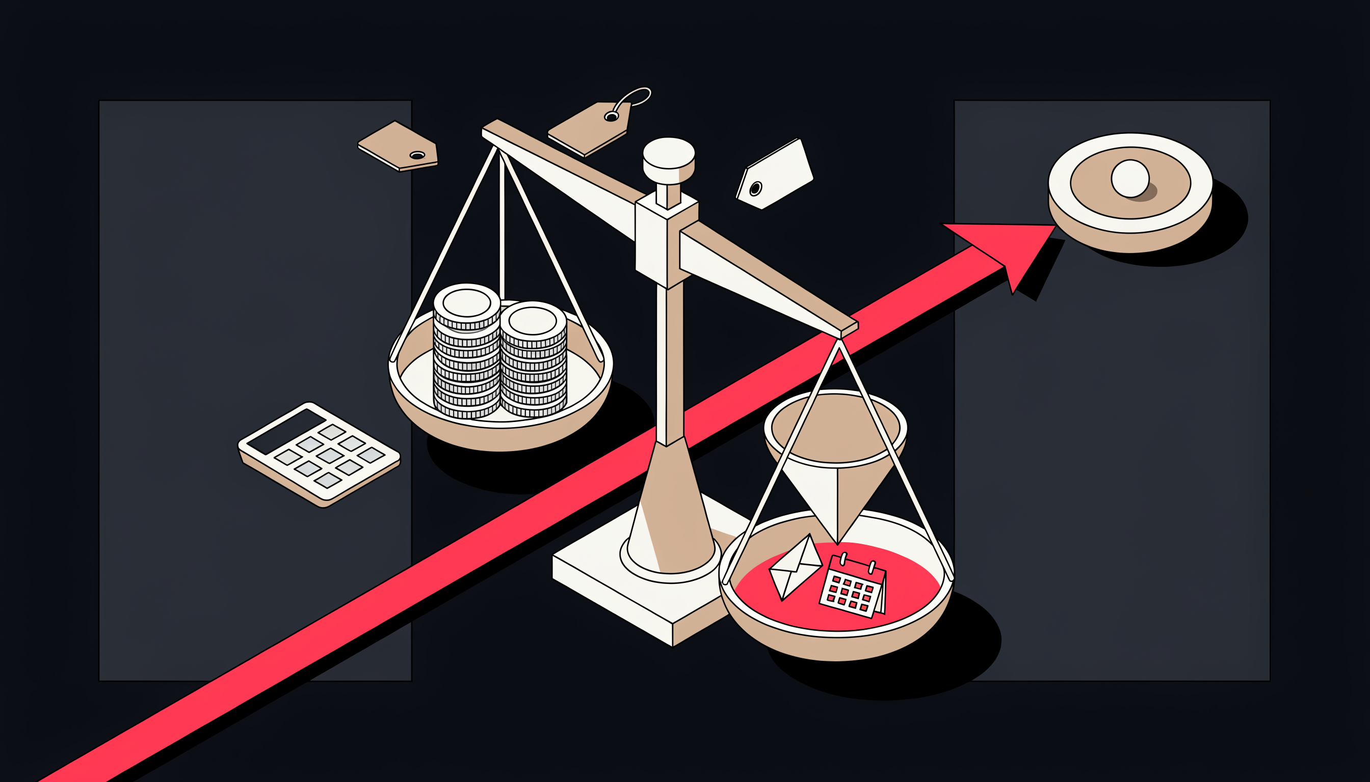 Is Google Ads worth it for a small business — flat 2D isometric illustration of a balance scale weighing ad spend coins against a lead funnel, with a pink-red arrow rising toward a target