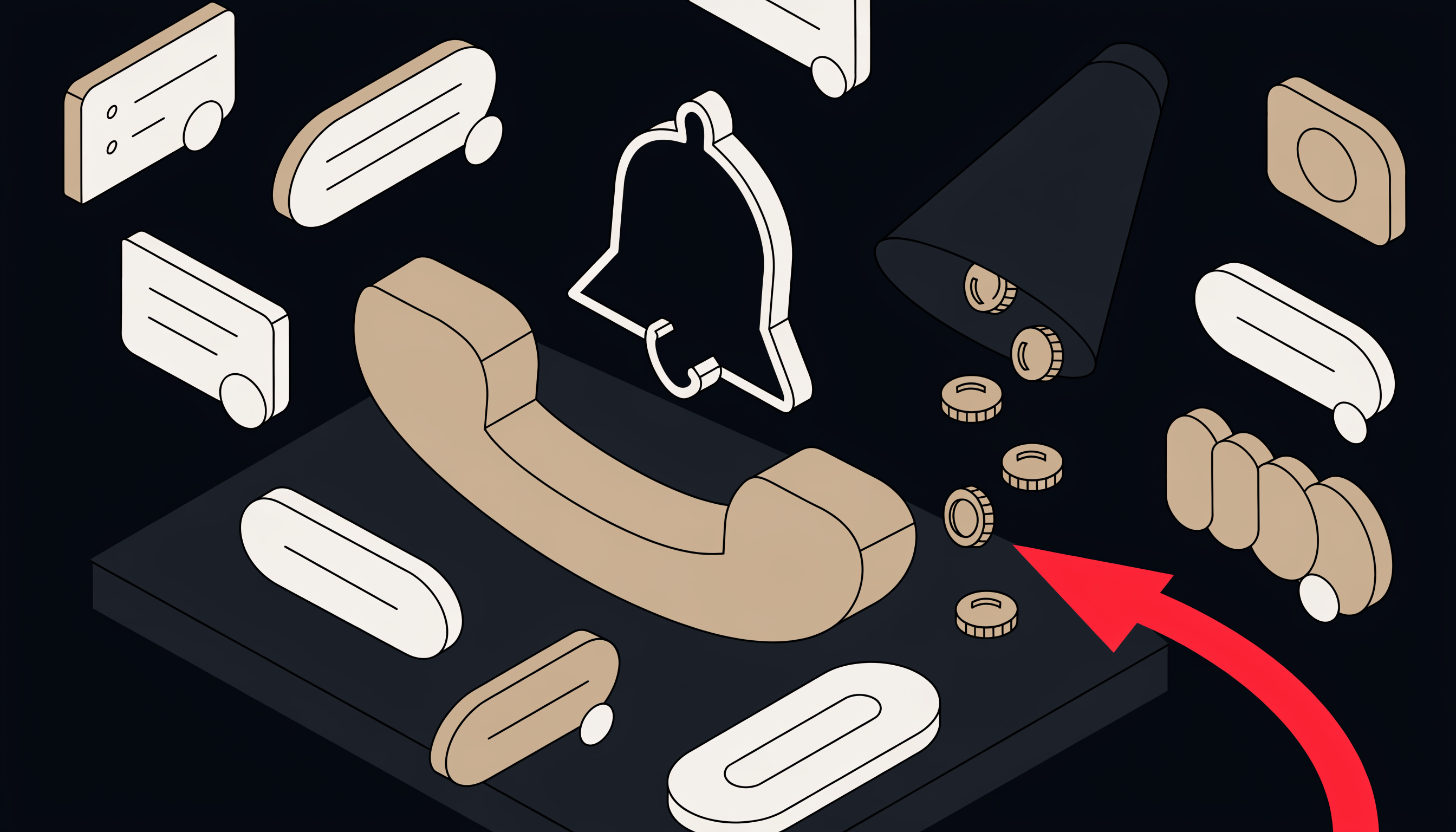 True cost of missed calls for small business — isometric flat illustration of a telephone handset with coins leaking from a funnel and a pink-red revenue-loss arrow