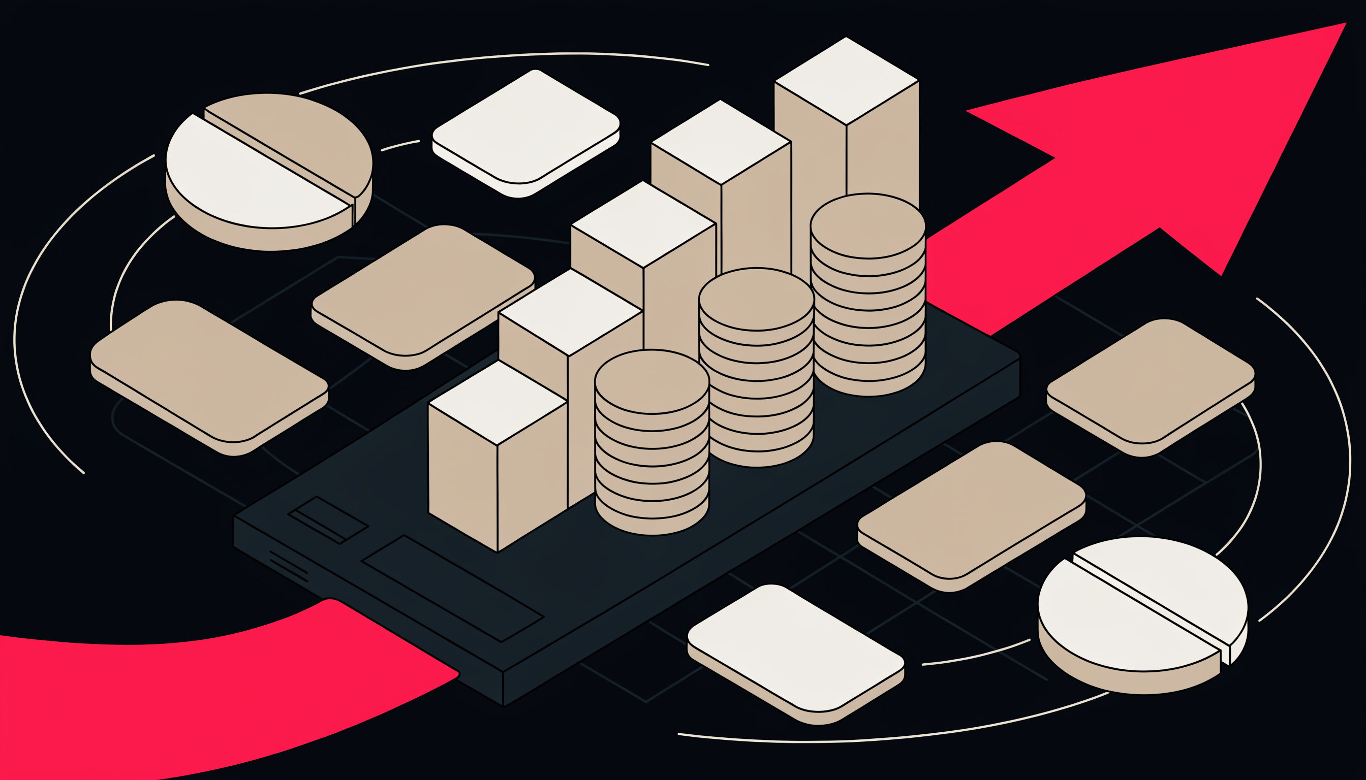 How to calculate marketing ROI with AI — isometric flat illustration of a dark calculator with rising coin stacks and a pink-red growth arrow