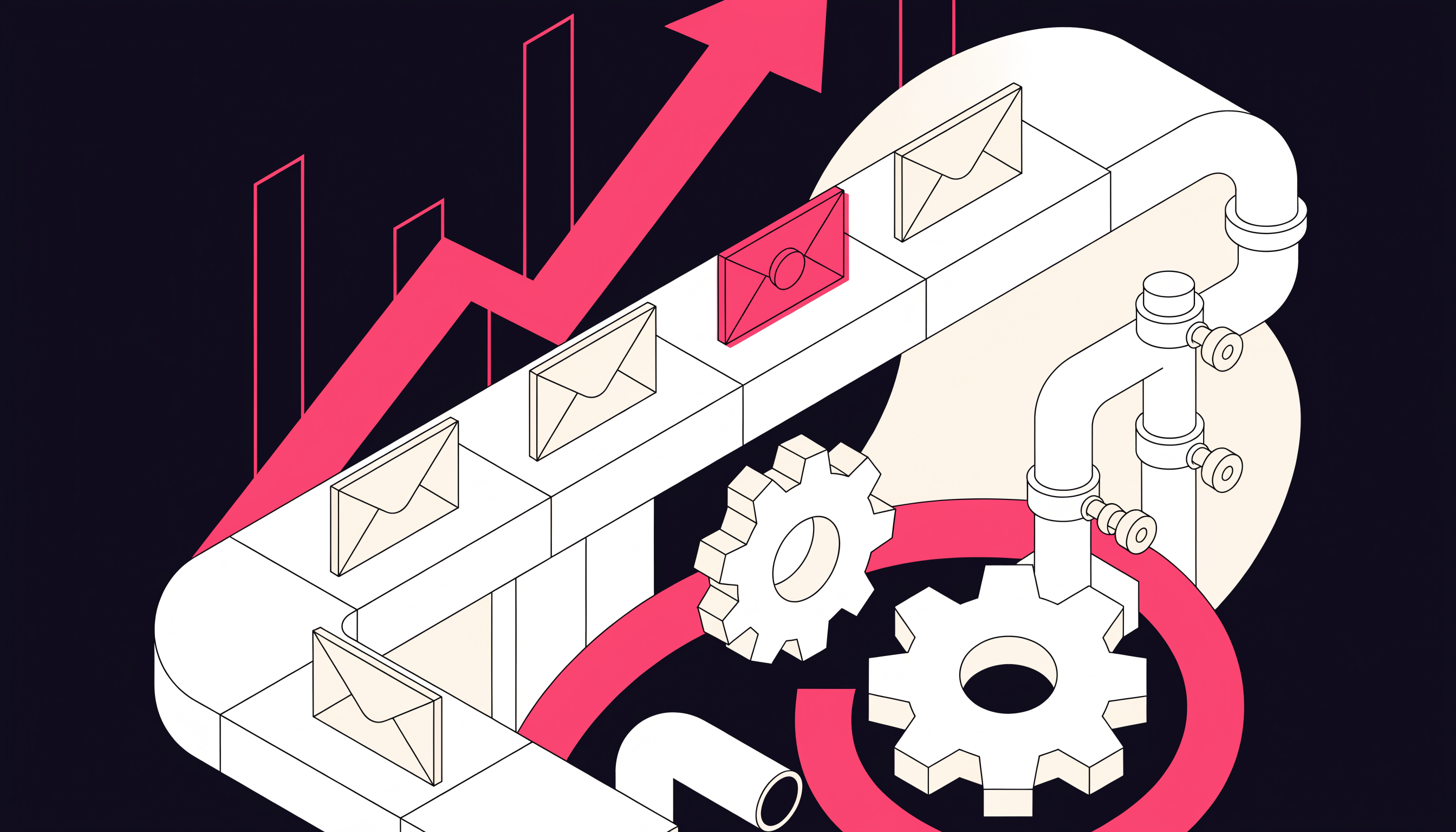 Email marketing for small business — flat 2D isometric illustration of envelopes moving through an automation loop with gears and a rising ROI chart
