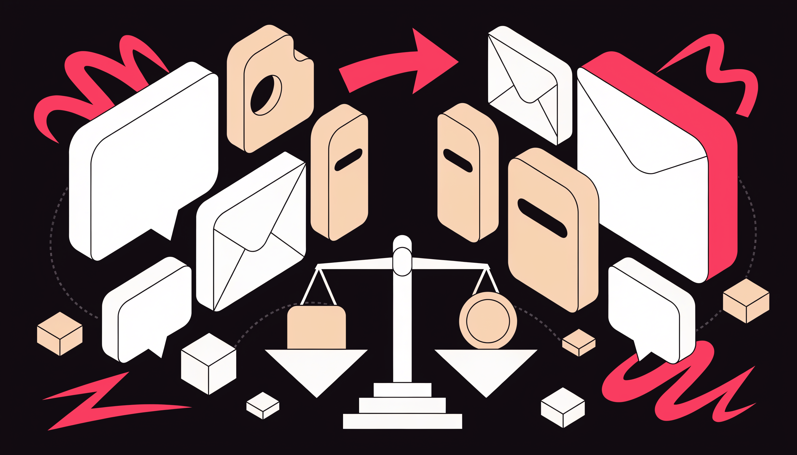 Free vs paid AI tools for small business — flat 2D isometric illustration of a balance scale weighing a free tag against a coin, with tool icons around