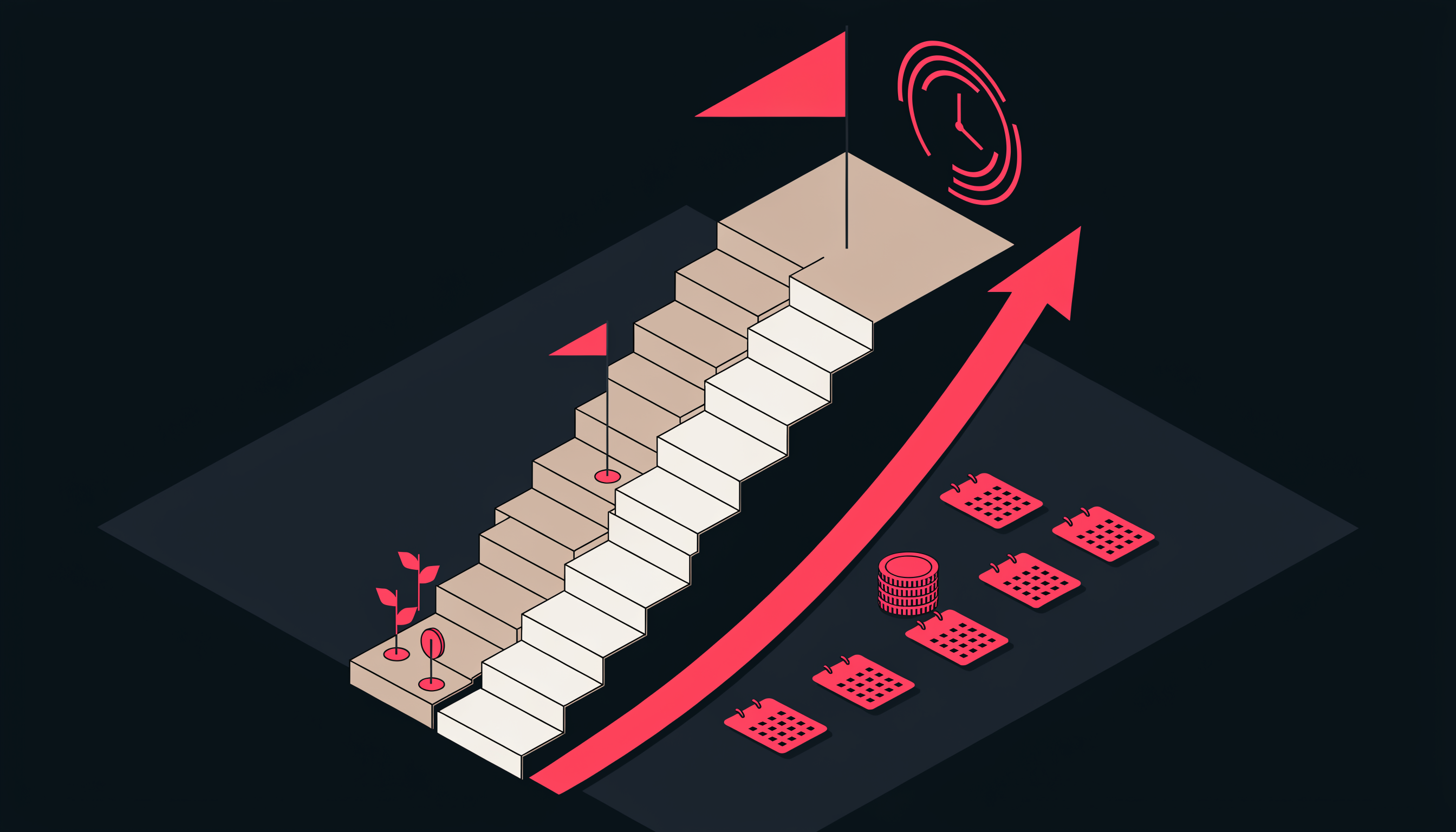 Isometric flat 2D illustration of an SEO growth timeline for a small business: ascending sand and off-white staircase blocks with a pink-red growth arrow, flag, clock, and calendar cards on a dark charcoal background.